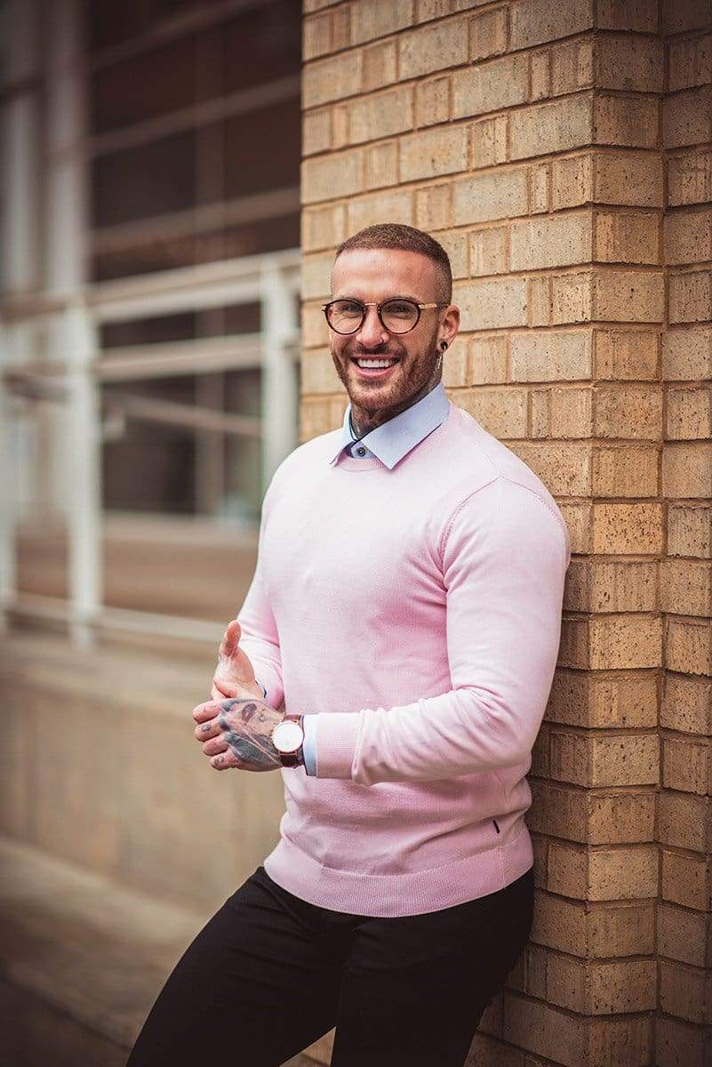 Cavani Men's Pink Knit Crewneck Sweater - Soft & Comfortable Casual Pullover for Fall & Winter - Perfect for Office, Date Night & Weekend Outings