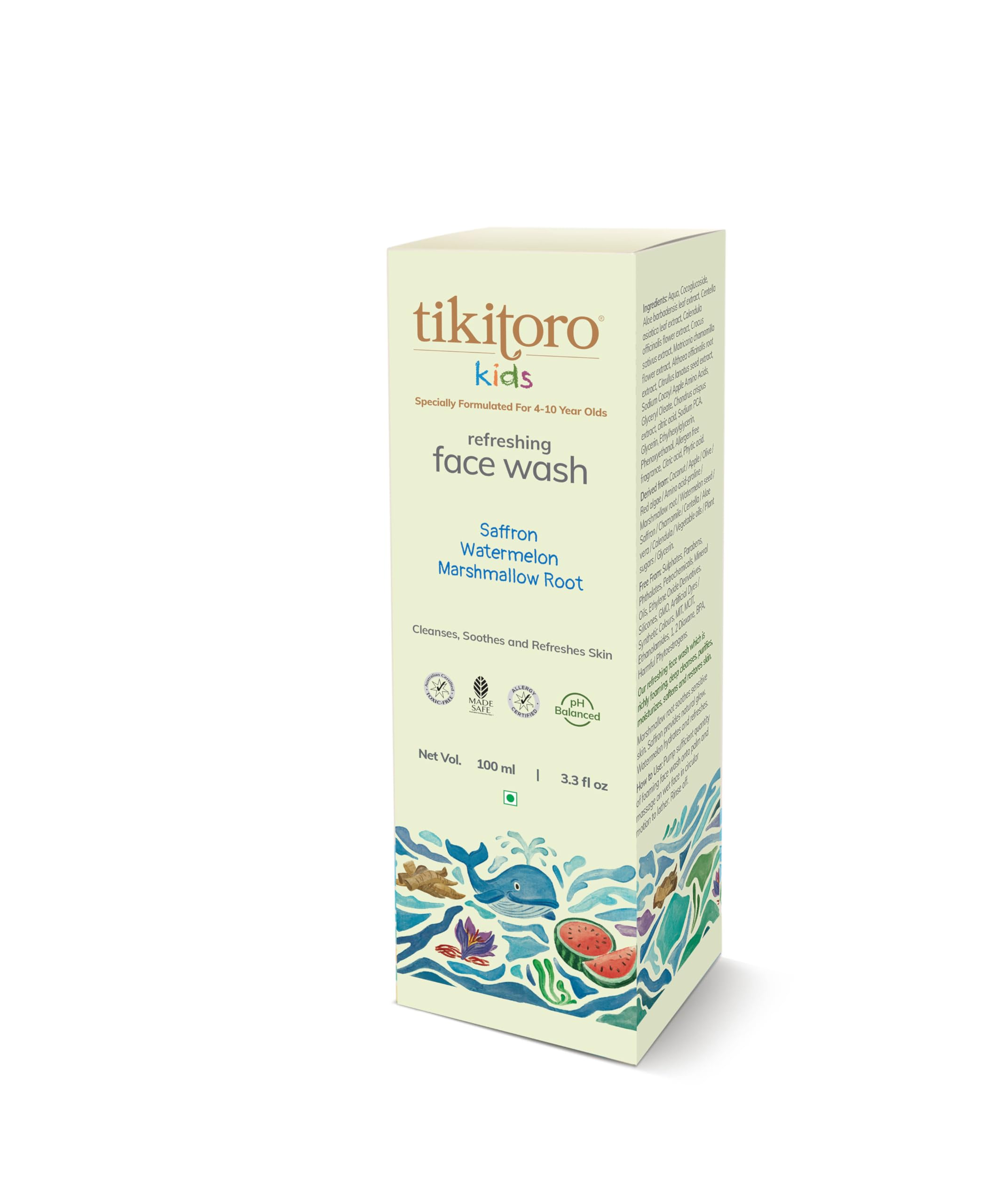 Tikitoro Kids Refreshing Face Wash - 100% Vegan with Saffron, Watermelon & Marshmallow Root | Gentle Cleansing, Purifying & Moisturizing for Sensitive Skin | Paraben & Sulfate Free (100ml) | Perfect for Daily Skincare Routine & Travel