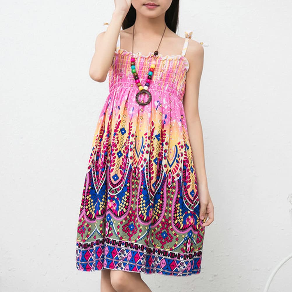 DCUTERQ Toddler Baby Girls Rainbow Floral Summer Dress - Bohemian Sleeveless Sundress with Necklace for Beach, Party & Outdoor Play