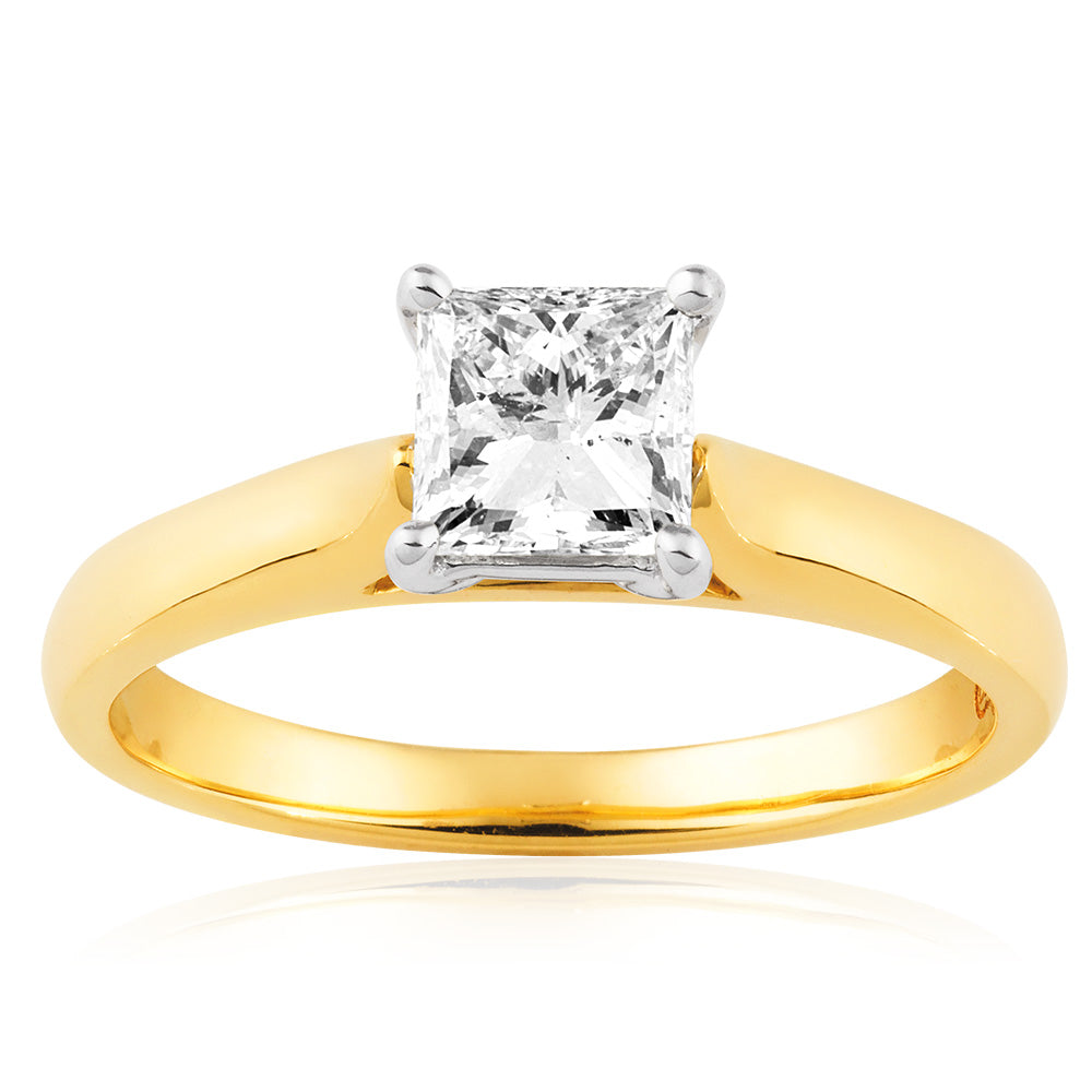 18ct Yellow Gold & White Gold Solitaire Ring With 1 Carat Princess Cut Diamond - Elegant Engagement & Wedding Jewelry for Women