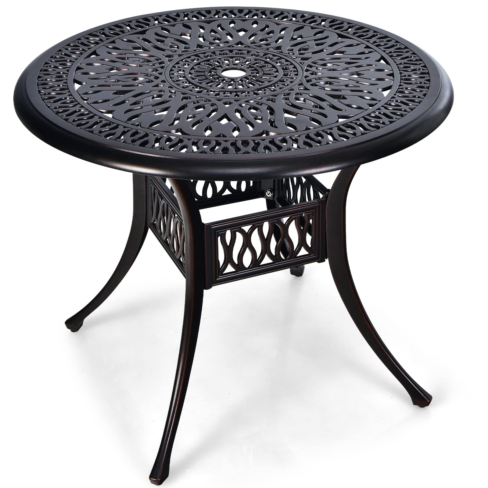 Tangkula 36 Inch Round Outdoor Dining Table - Weather-Resistant Cast Aluminum Patio Table with Umbrella Hole for Backyard, Garden, Poolside - Perfect for Outdoor Entertaining & Dining Al Fresco