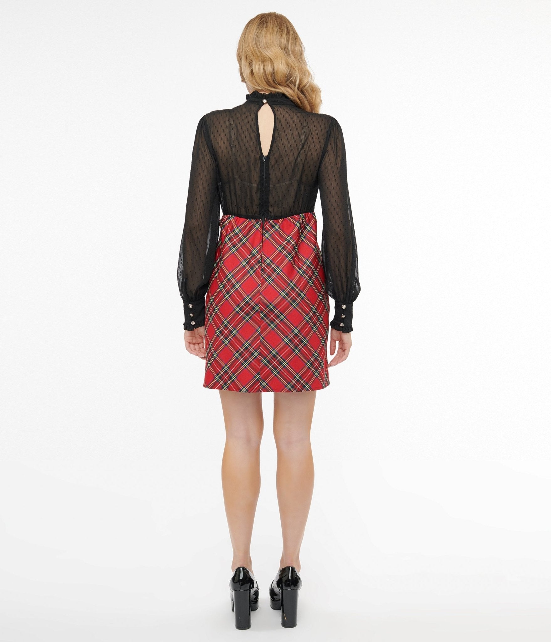 Vintage 1960s Red Plaid & Black Ruffle Neck A-Line Dress by Smak Parlour - Retro Swing Dress for Parties, Halloween Costume & Pinup Fashion