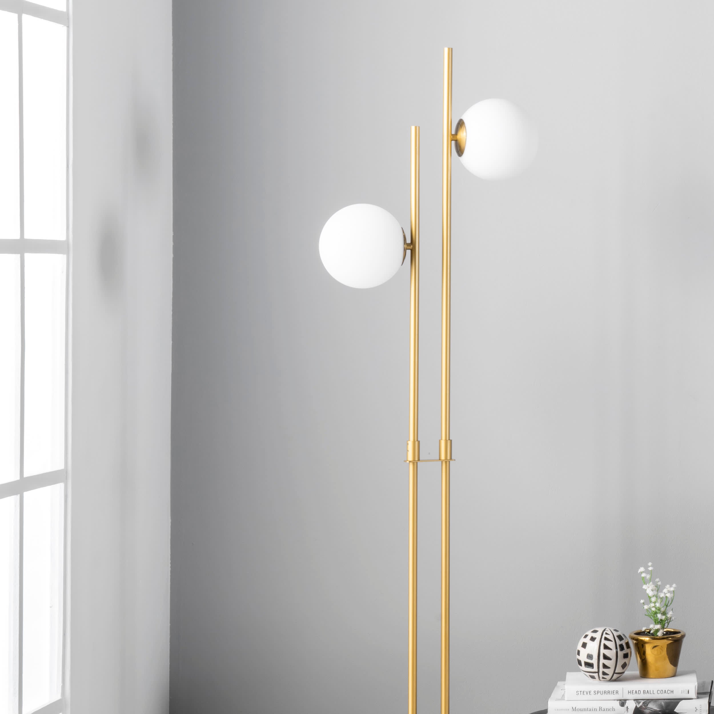 63 Inch White Twin Pronged Metal Floor Lamp - Modern Standing Light for Living Room, Bedroom & Office Decor