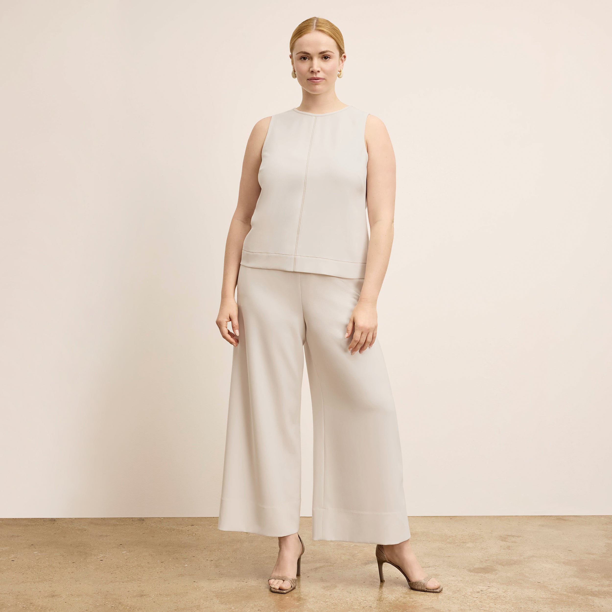 Elena Culotte Everyday Crepe Pants with Topstitch Detail - Comfortable Eggshell Women's Trousers for Work, Office & Casual Wear