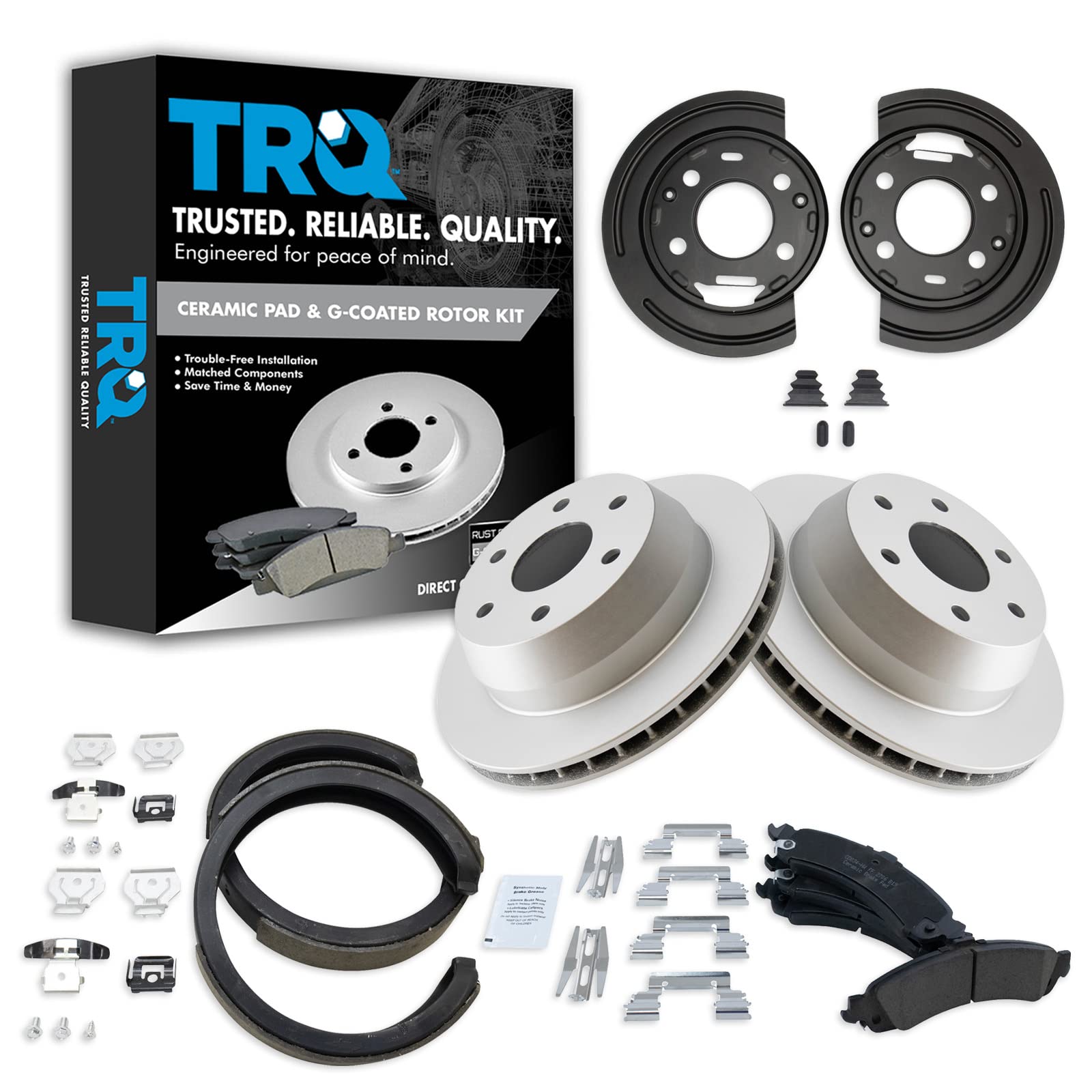 TRQ Ceramic Brake Pad & Rotor Kit for GM Vehicles - Rear Parking Shoe & Backing Plates Included | Durable Braking Performance for Trucks, SUVs & Sedans | Perfect for City Driving & Highway Commuting