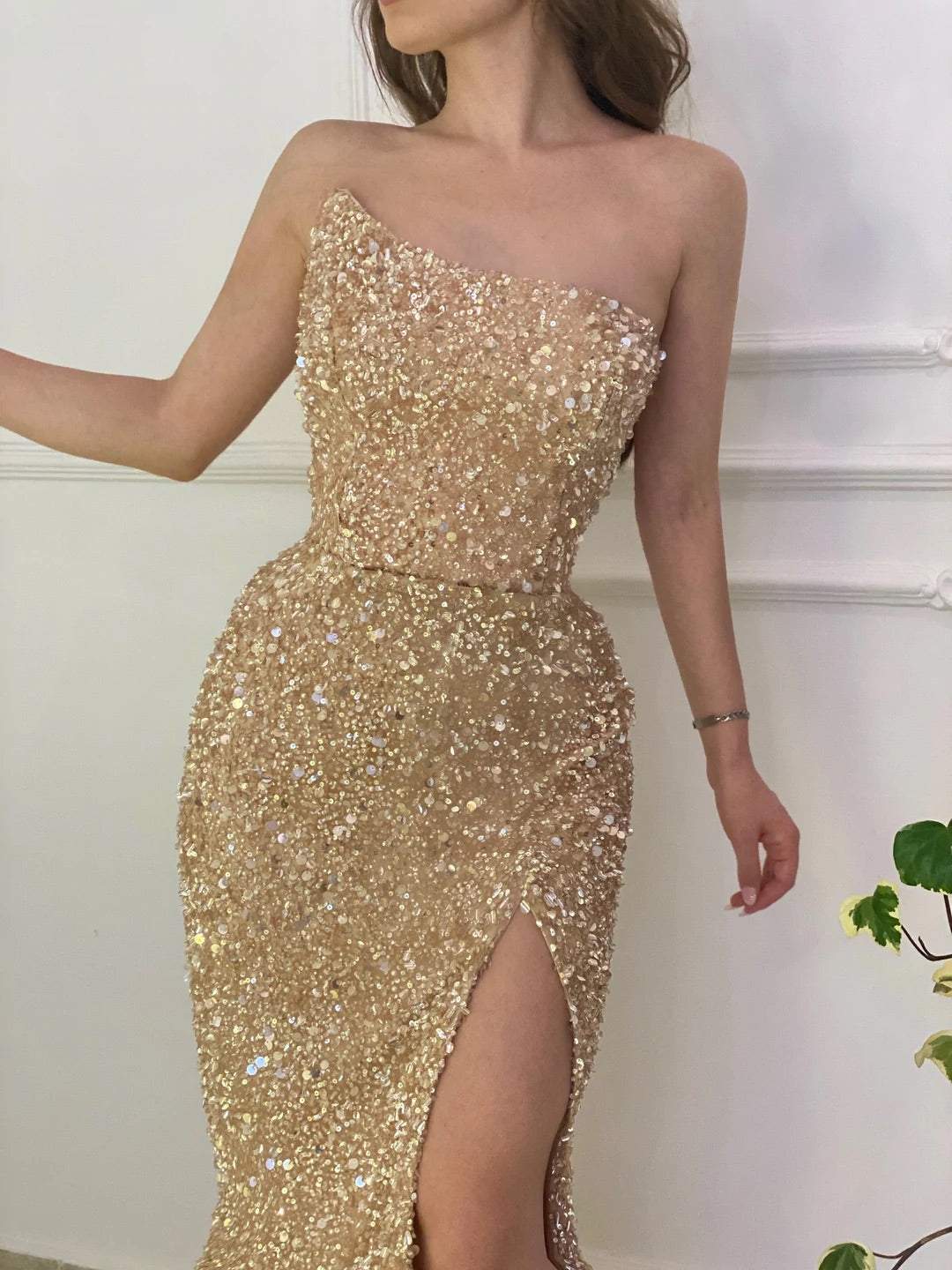 Elegant Gold Sequin Prom Dresses - Strapless Mermaid Formal Gowns for Homecoming, Evening Parties & Special Occasions