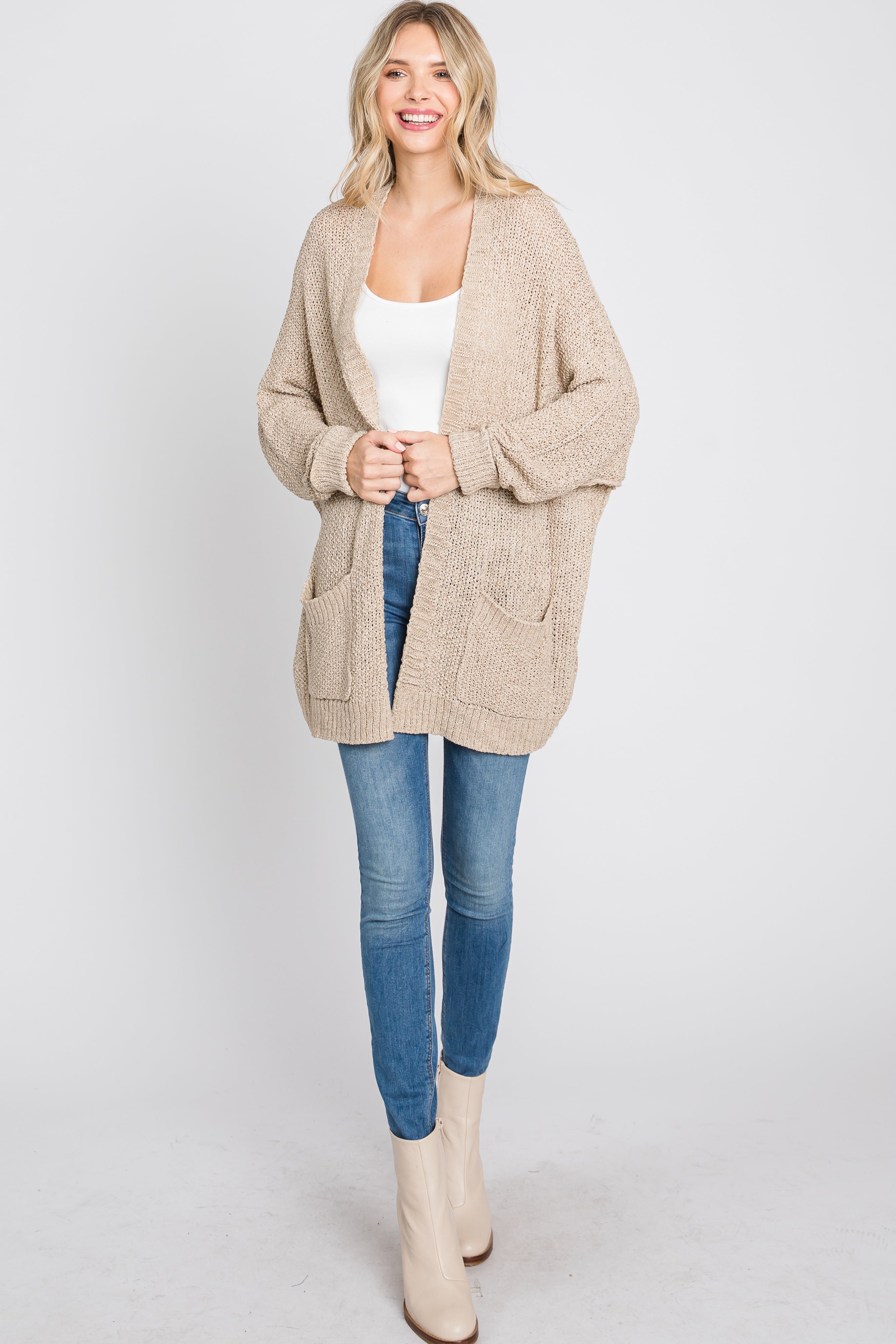 Beige Cuff Sleeve Cardigan for Women - Soft Knit Open Front Long Sweater - Cozy Fall & Winter Layering Piece for Office, Date Night or Casual Outfits