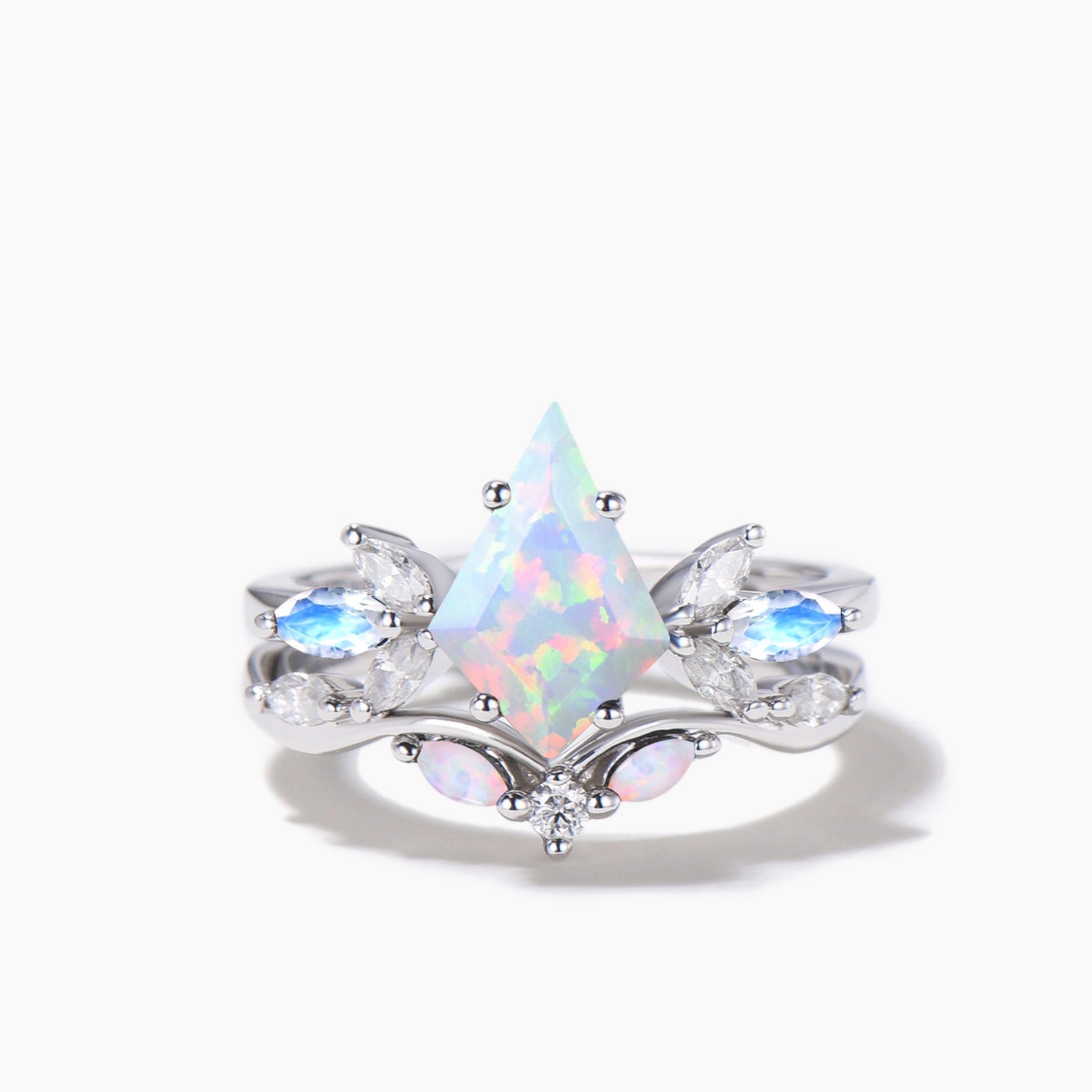 Elegant Kite Cut White Opal Engagement Ring with Moonstone Cluster - Vintage Bridal Wedding Ring Set for Women - Perfect for Proposals, Anniversaries & Romantic Occasions