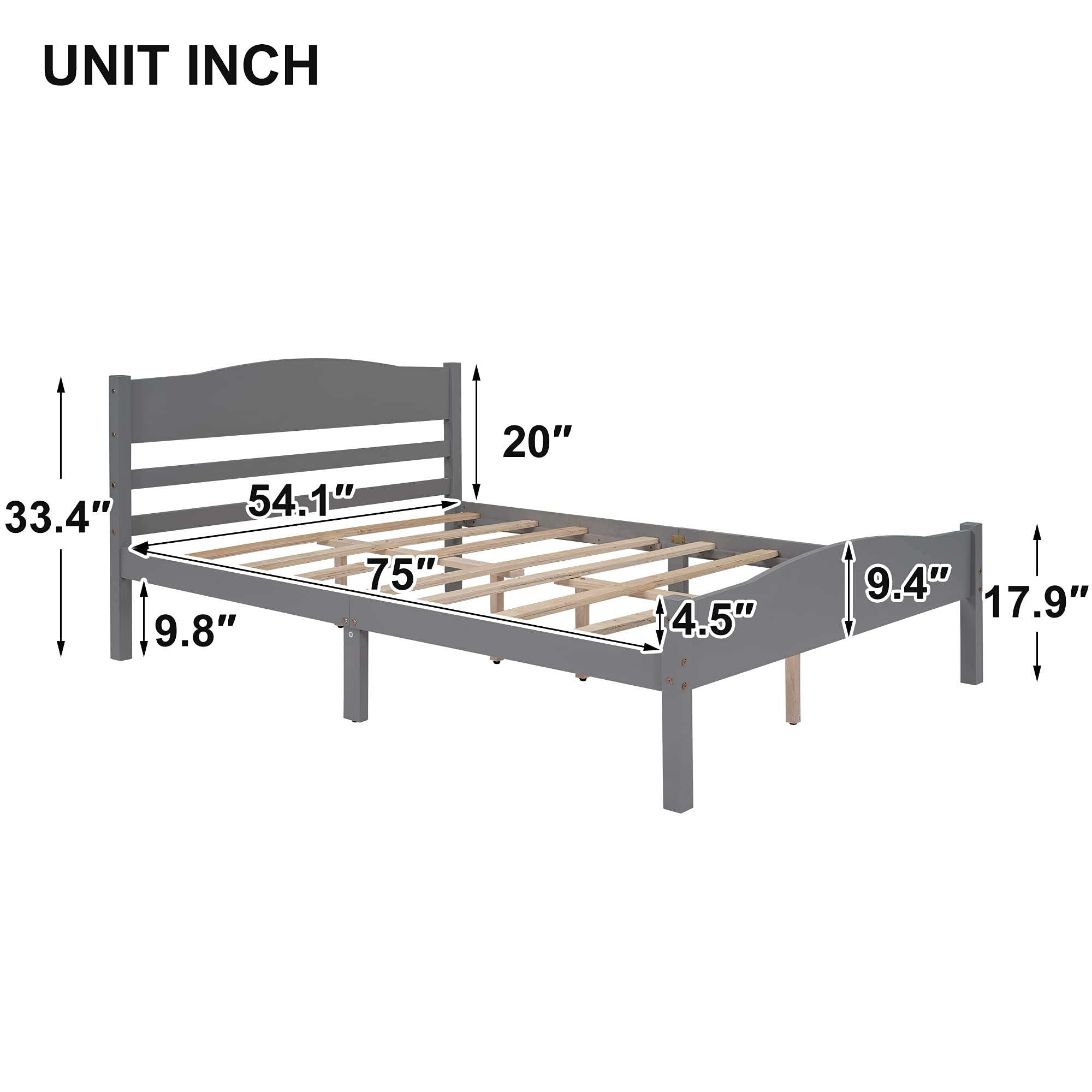 Modern Wood Platform Bed Frame with Horizontal Strip Hollow Headboard & Footboard, Full Size Gray - Sturdy Center Support for Bedroom, Guest Room, or Dorm