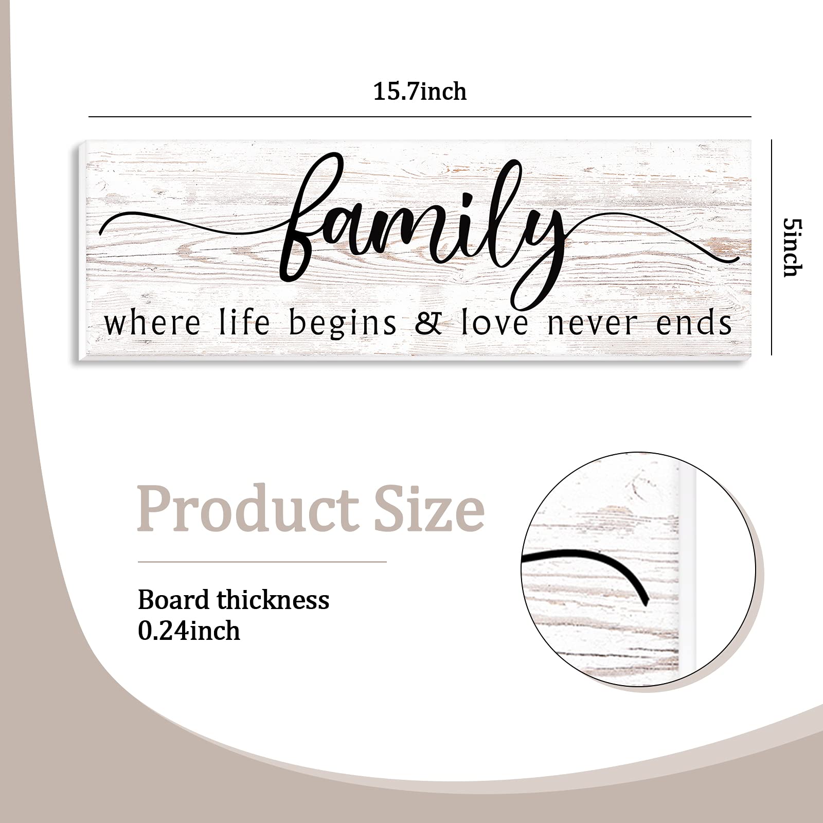 15.7 x 5.1 Inch Rustic Wooden Family Wall Decor - 'Where Life Begins' Love Never Ends Hanging Plaque Sign for Living Room, Bedroom & Entryway Home Decor