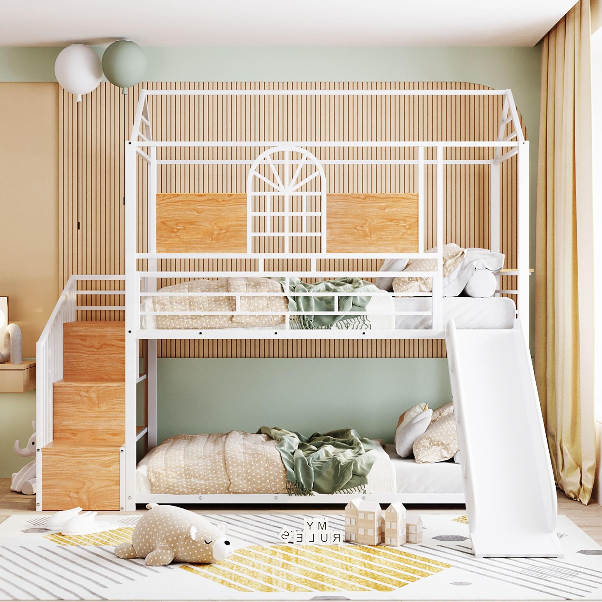 Twin Over Twin Low Bunk Bed with Slide & Stairs - Sturdy Metal Frame Kids Bunk Bed with Storage Shelves for Boys, Girls & Teens - Perfect for Small Bedrooms, Shared Kids Rooms & Sleepovers - White