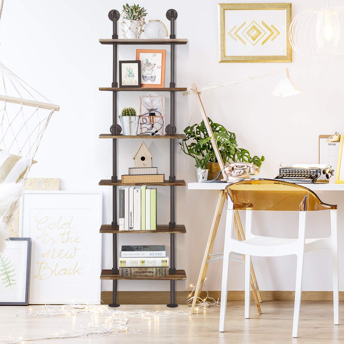 Giantex 6-Tier Industrial Pipe Shelves - Easy Install Rustic Wood Wall Mounted Bookshelf for Living Room, Bedroom, Office | Farmhouse Decor & Small Space Storage Solution