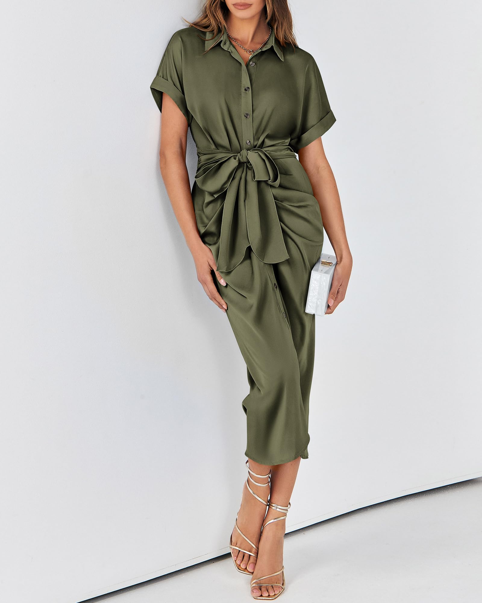 BTFBM Women's 2025 Elegant Ruched Button Down Shirt Dress - Short Sleeve Lapel V-Neck Satin Maxi Dress for Spring Summer | Perfect for Parties, Weddings & Special Occasions