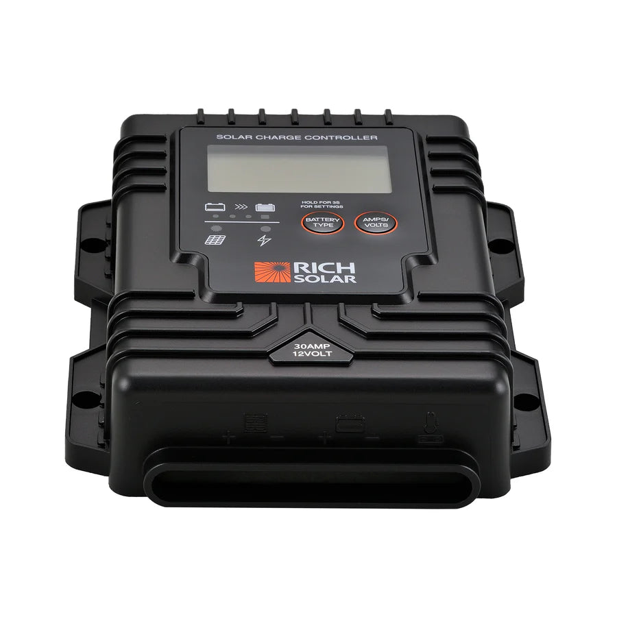 Rich Solar 30 Amp PWM Waterproof Solar Charge Controller - 12V/24V Auto, LCD Display for RV, Boat, Off-Grid Solar System - Perfect for Camping, Marine & Home Solar Power