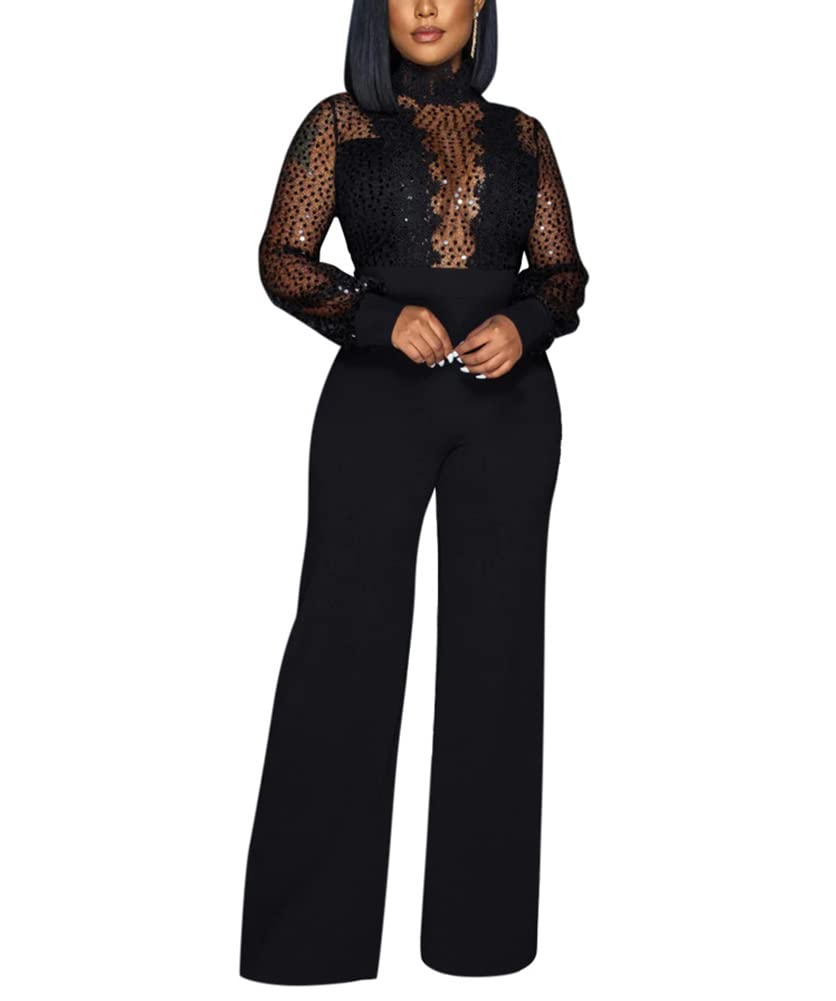 Sexy Rhinestone Mesh Jumpsuit for Women - See Through Wide Leg Romper | Perfect for Club Wear, Night Out & Party Outfits