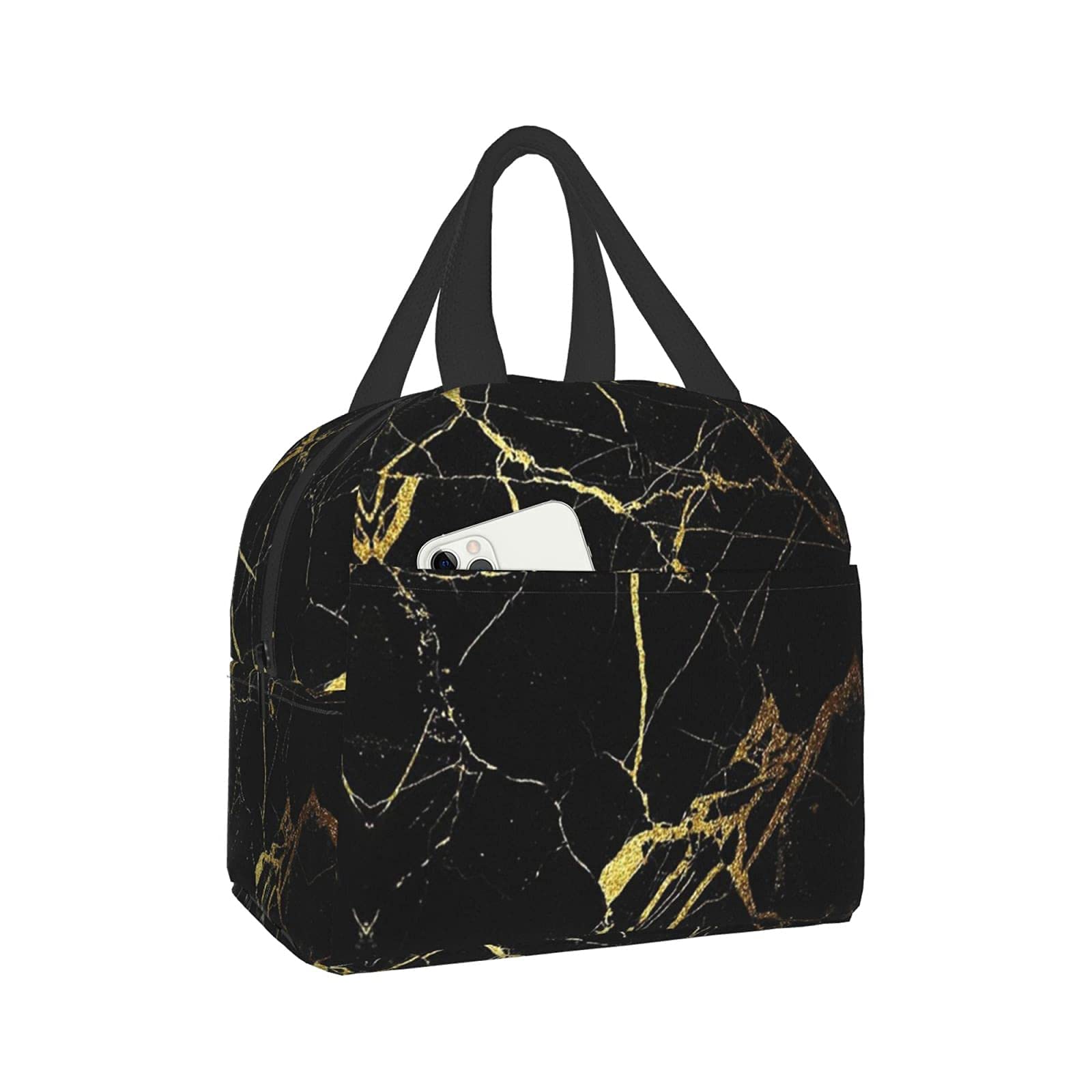 Stylish Black Marble Gold Line Insulated Lunch Bag Tote for Women & Men - Perfect for Office, Work, School, Picnic & Beach