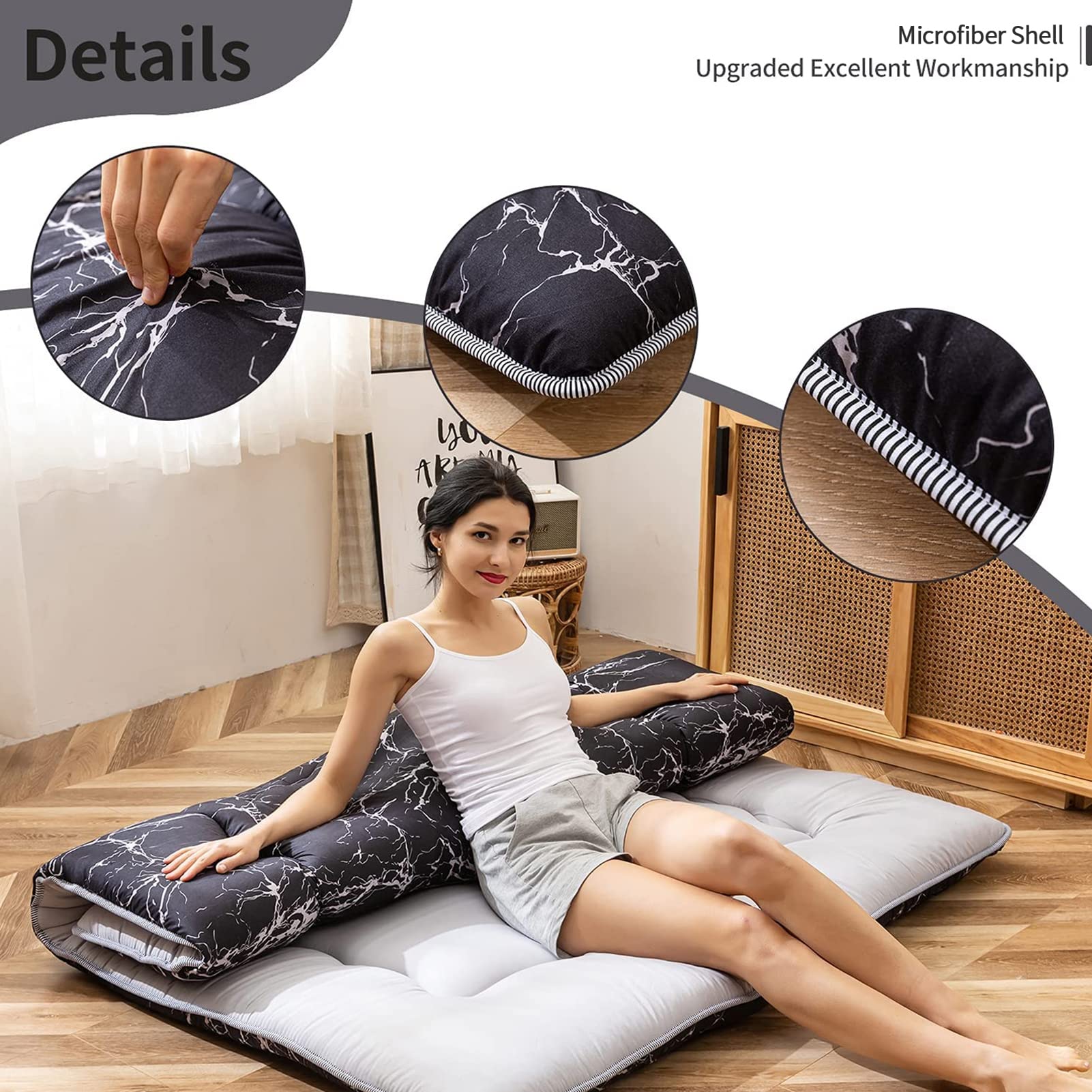 Black Marble Printed Japanese Futon Floor Mattress - Thick Roll-Up Sleeping Pad for Camping, Guest Bed & Home Use | King Size Floor Bed & Couch Topper | Perfect for Small Spaces, Sleepovers & Outdoor Adventures