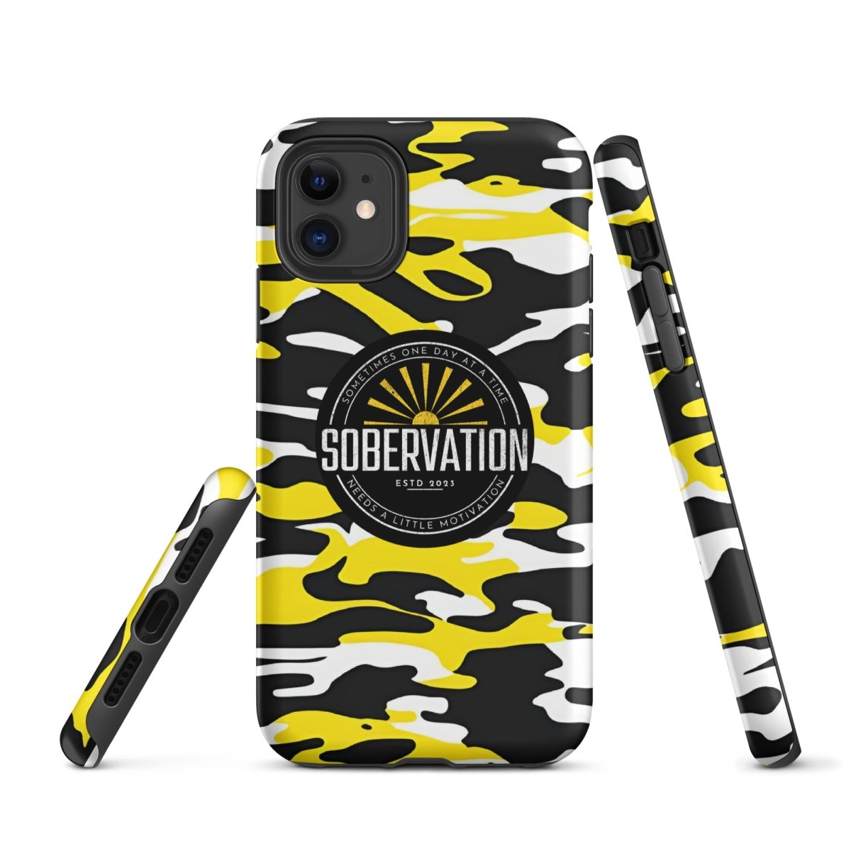 Sobervation Yellow Camo iPhone Case - Durable Shockproof Protective Cover for iPhone 14/13/12/11 Pro Max XR XS - Perfect for Outdoor Adventures, Hiking & Travel