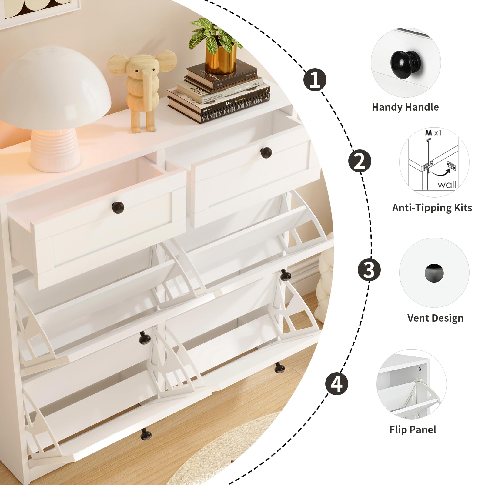 VOWNER 4 Flip Drawers & 2 Drawers Shoe Storage Cabinet - Adjustable Shelves Freestanding Shoe Organizer for Entryway, Hallway, Living Room - Perfect for Small Spaces & Apartment Organization (White)