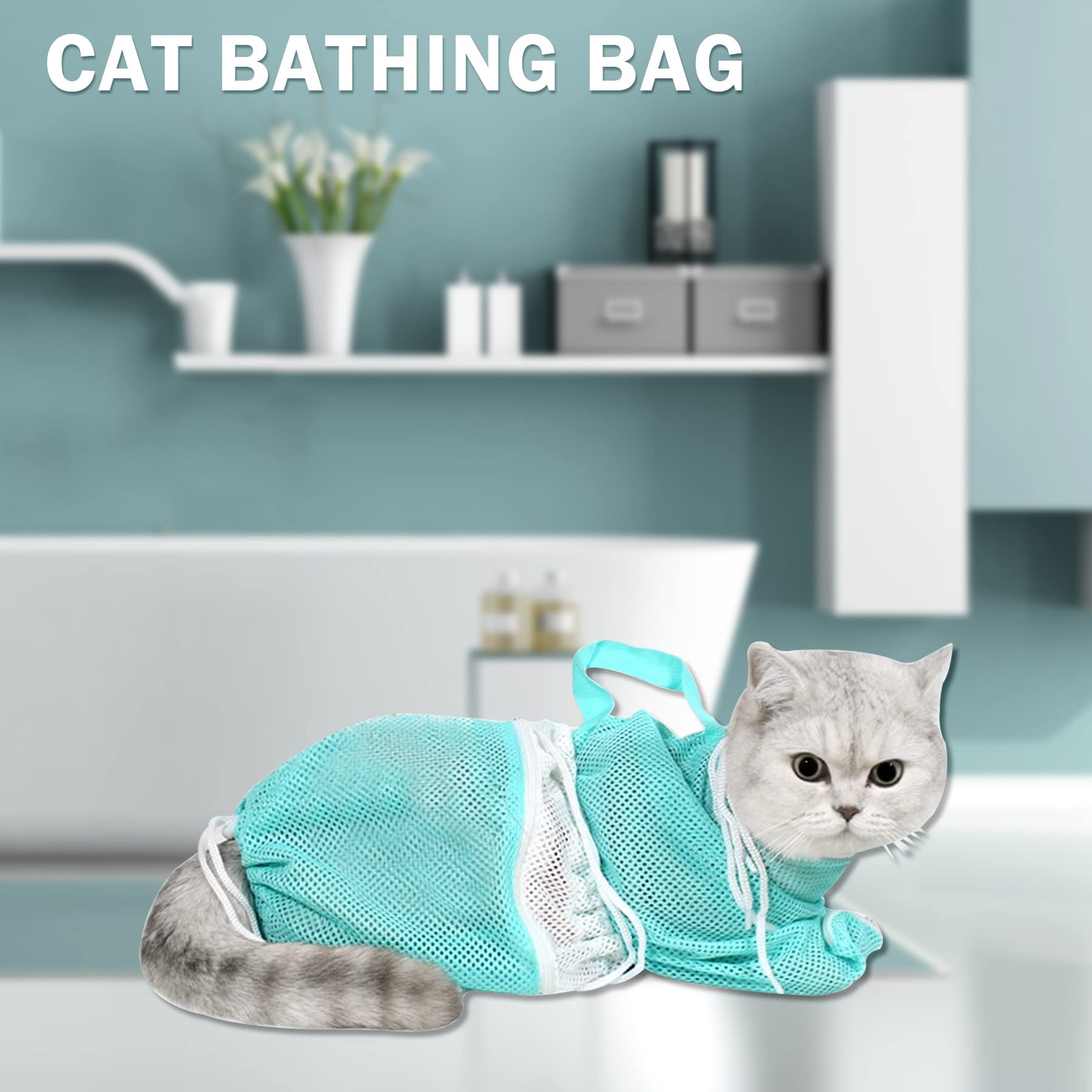 JULMELON 10-Piece Cat Grooming Kit - Adjustable Cat Shower Bag, Pet Brush, Nail Clipper, Nail File, Hair Comb, Tick Tool & Nail Caps for Bathing, Nail Trimming & Vet Exams (Grey + Green) - Perfect for Home Pet Care & Professional Grooming Sessions