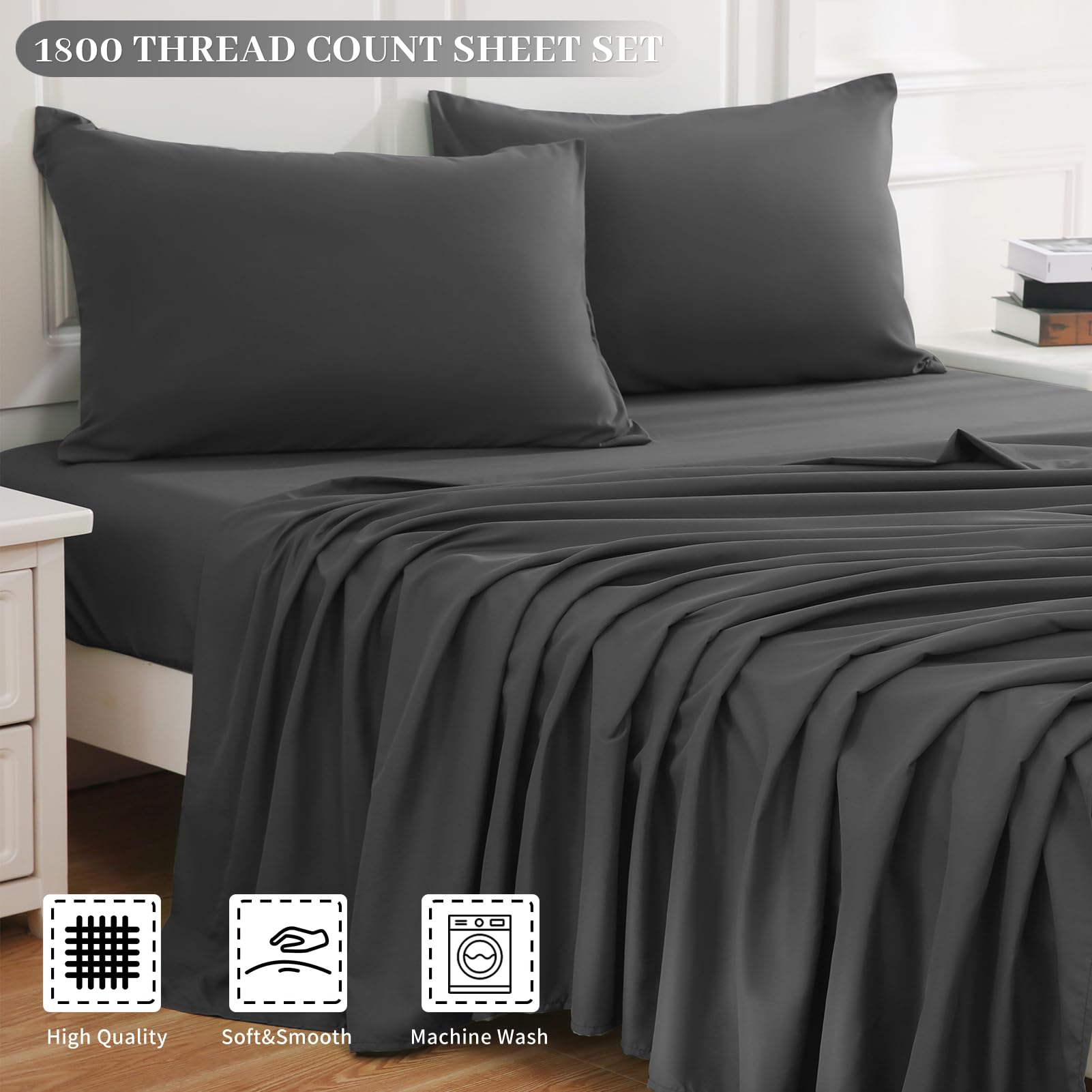 Luxury 1800 Thread Count Egyptian Microfiber Queen Sheet Set - Ultra Soft & Breathable Percale Bedding - 16