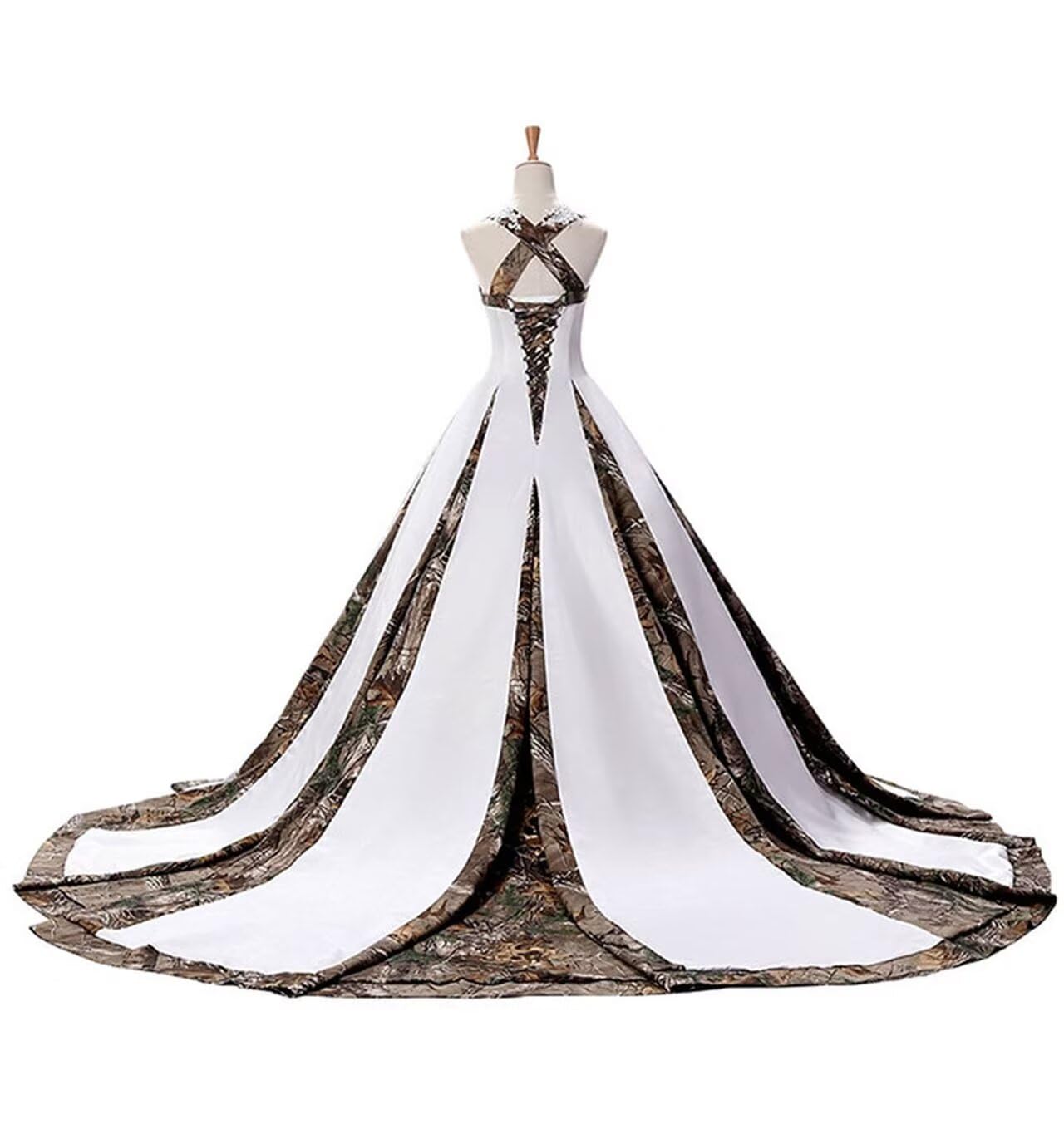 ZVOCY Women's Camouflage Wedding Dress - Elegant Satin Camo Long Formal Gown for Brides in White | Perfect for Outdoor, Military-Themed, and Unique Wedding Ceremonies
