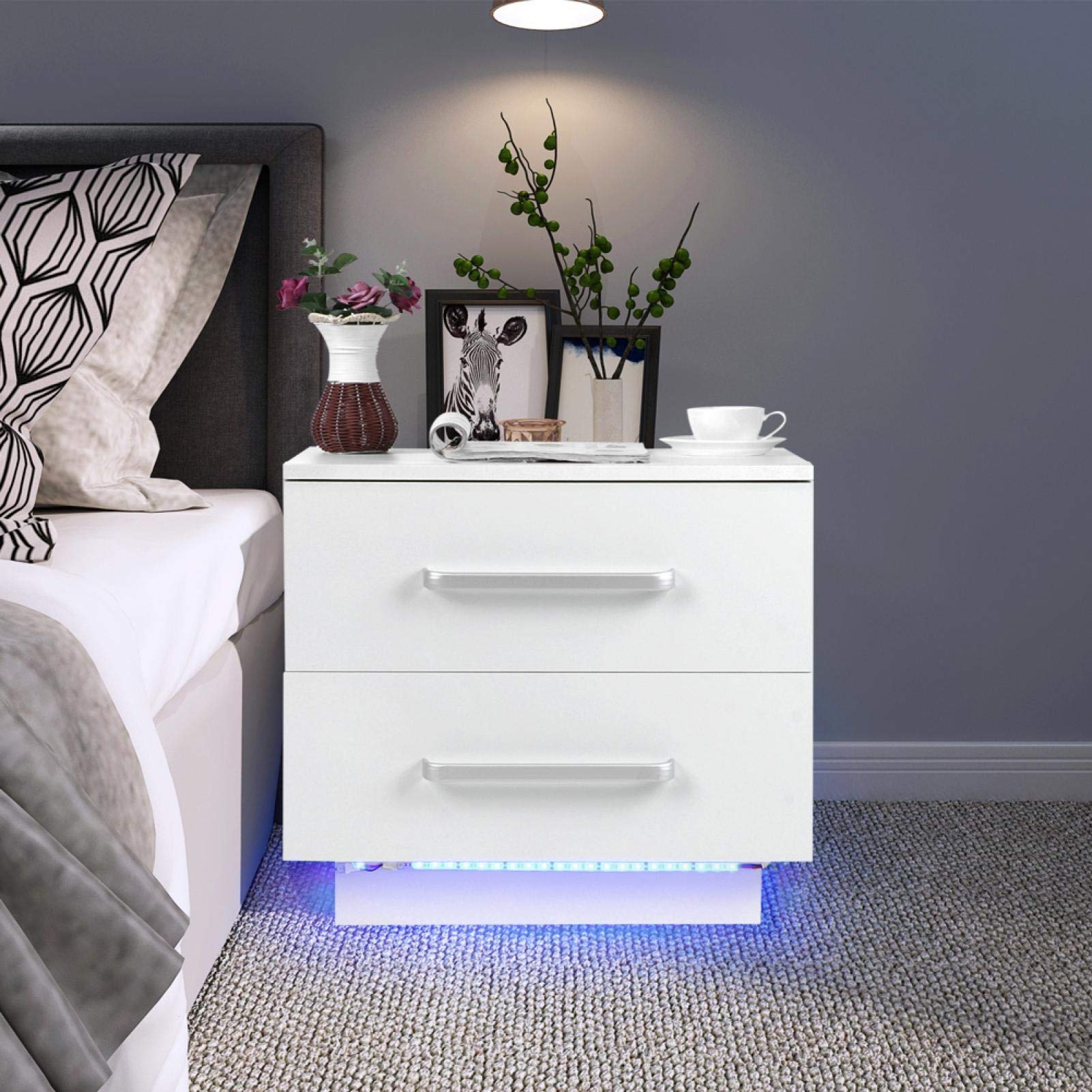 Modern LED Nightstand with 2 Drawers & Blue Light - High Gloss White Bedside Table (21.7