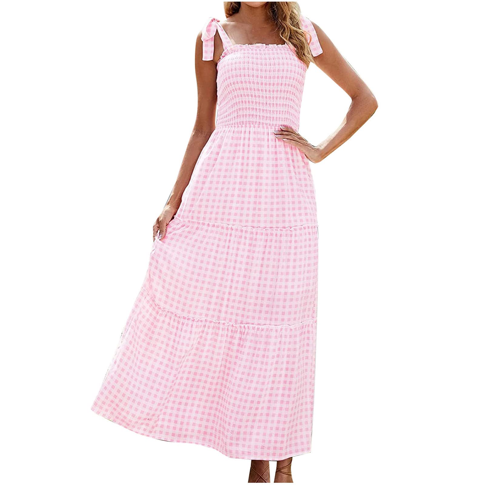 Women's Summer Casual Sleeveless Sun Dress with Shoulder Straps & Bowknot - Smocked Beach Maxi Dress, Boho Floral Flowy Dress for Vacation, Pool Party & Outdoor Activities