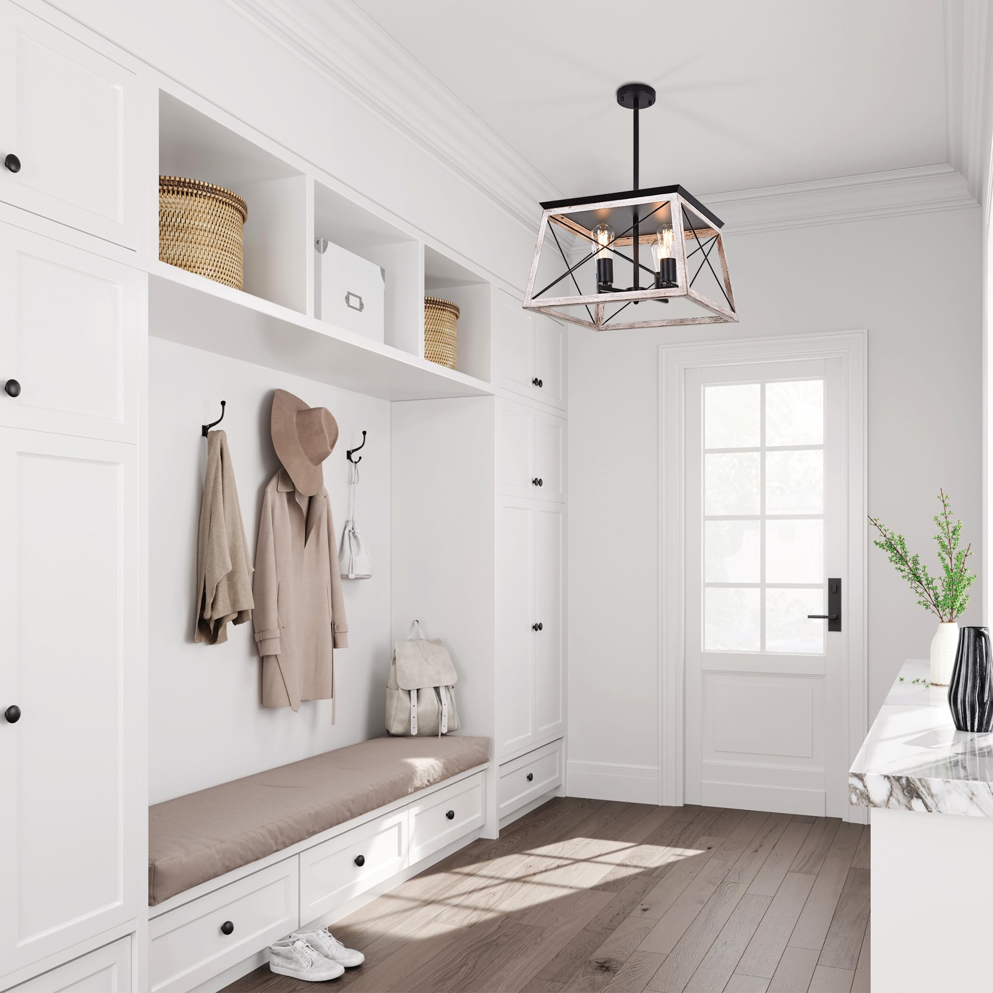 Rustic Farmhouse Chandelier - 4-Light White Wood Distressed Pendant Light for Dining Room, Kitchen Island, Entryway, Hallway & Foyer | Perfect for Country-Style Home Decor and Cozy Gatherings