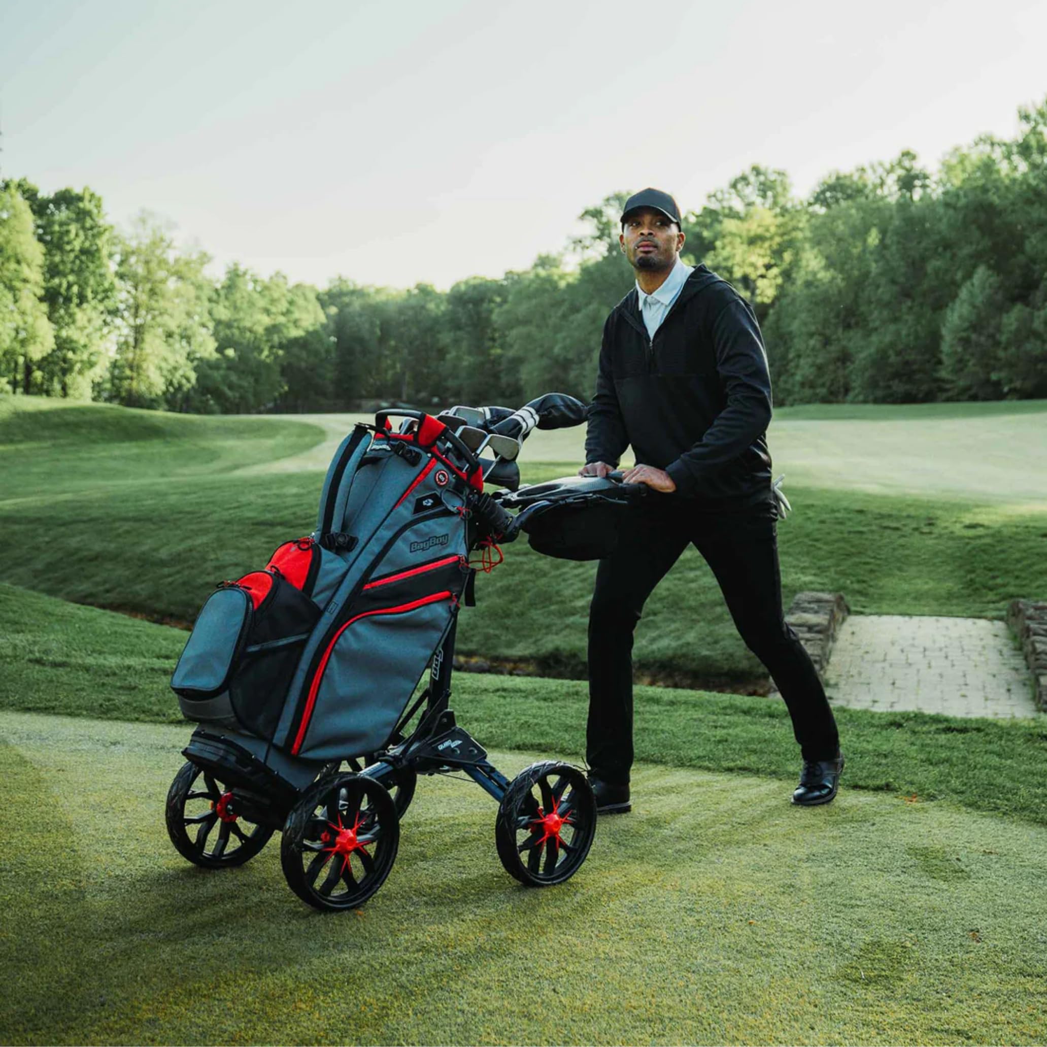 Bag Boy Quad Pro Push Cart - Lightweight Golf Push Cart with 4-Wheel Design, White/Black | Perfect for Golfers on the Go, Tournaments & Practice Rounds