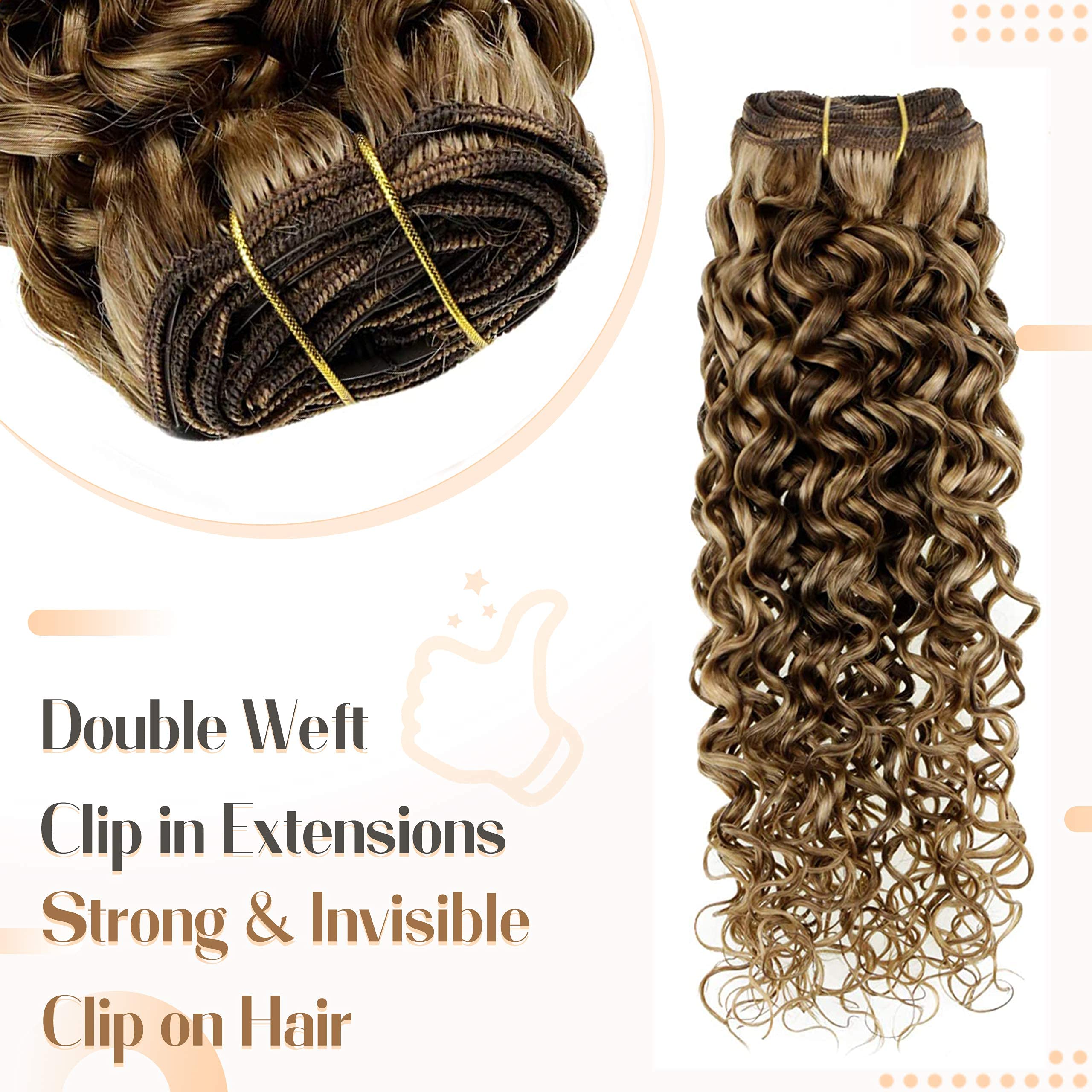 Hetto 14'' #4/27 Brown Highlights Blonde Human Hair Clip-In Extensions - Double Weft Thick Hairpieces for Curly & Straight Styles - Perfect for Parties, Weddings & Daily Styling