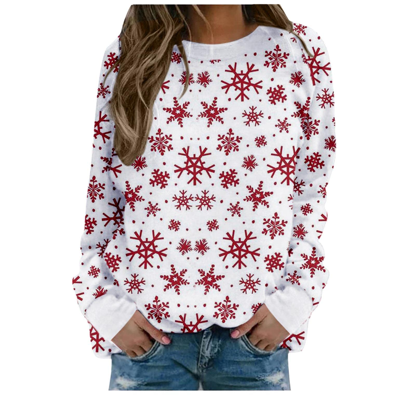 Christmas Sweatshirts for Women - Elk Print Long Sleeve Pullover Crewneck Loose Fit Blouse Top | Cozy Holiday Outfit for Family Gatherings & Winter Parties
