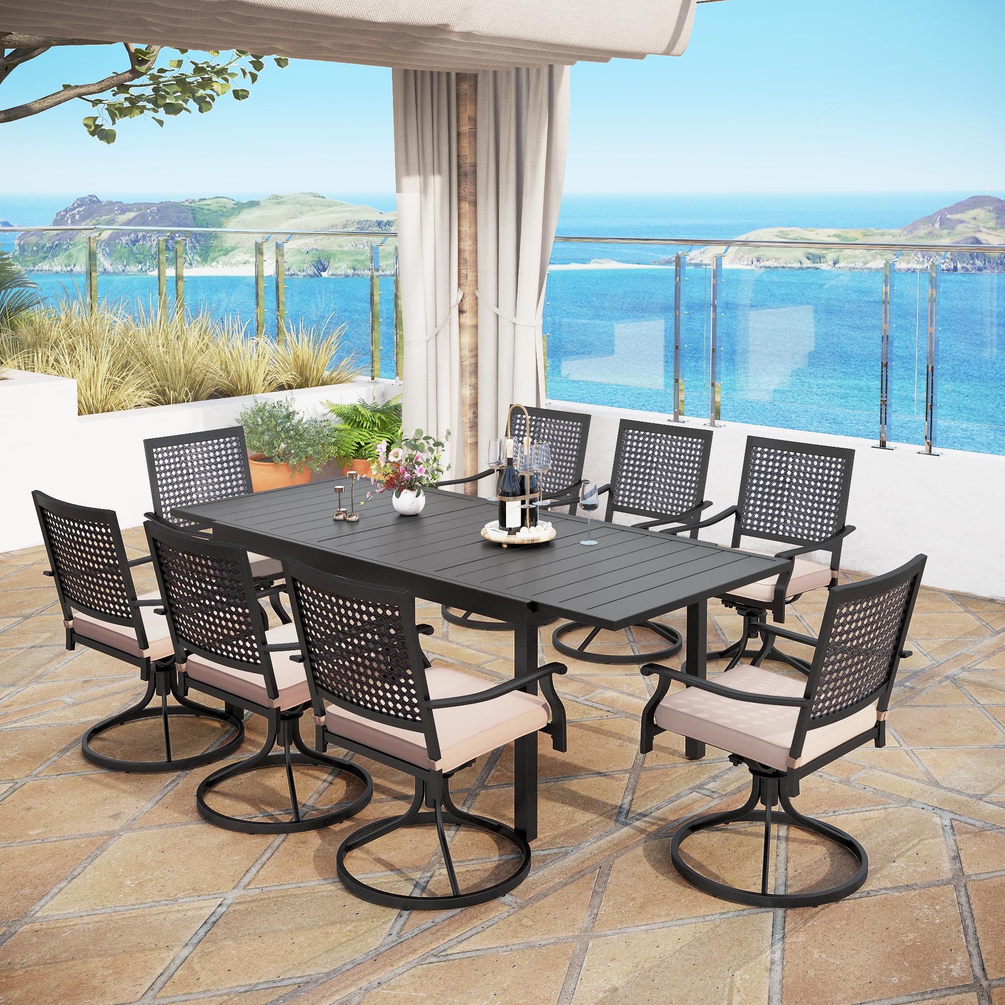 MFSTUDIO 9-Piece Outdoor Patio Dining Set with 8 Swivel Metal Mesh Chairs (Cushions Included) & 1 Expandable Rectangle Table - Durable Garden Furniture for Backyard, Poolside, and Restaurant Outdoor Seating
