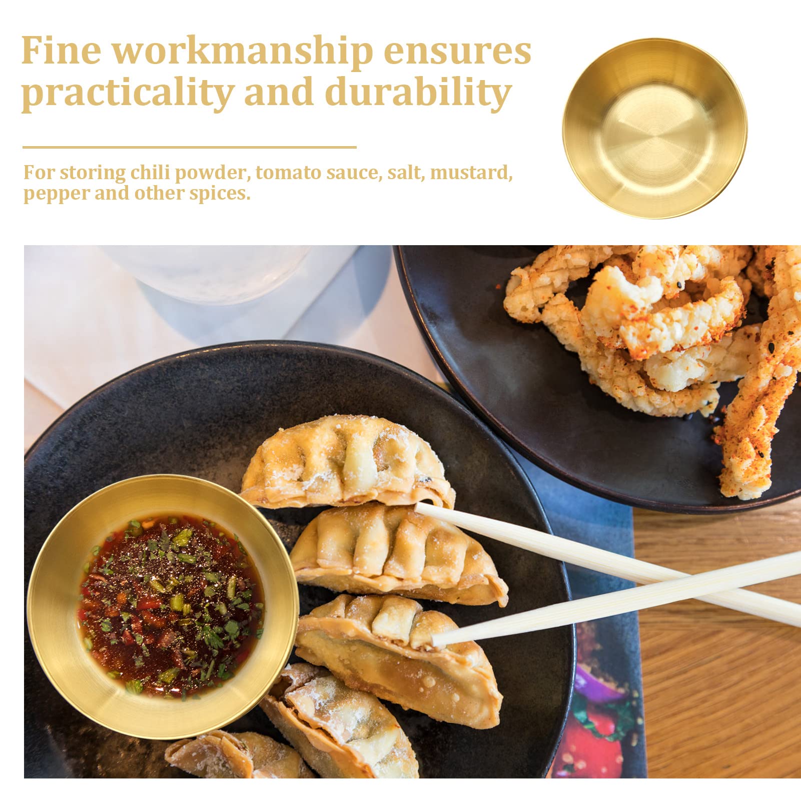 4-Piece Gold Stainless Steel Sauce Dip Bowls Set - Small Soy Sauce Dishes & Appetizer Plates for Sushi, Dumplings, and Dipping Sauces - Perfect for Restaurants, Home Dining, and Party Serving