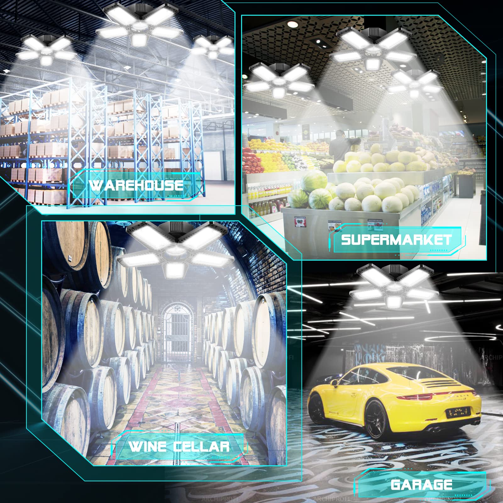 2 Pack LED Garage Lights, 160W 16500LM 6500K Adjustable Deformable Ceiling Light with 5+1 Panels, E26/E27 Screw Base - Bright Shop Lighting for Garage, Basement, Workshop, Warehouse & Industrial Spaces