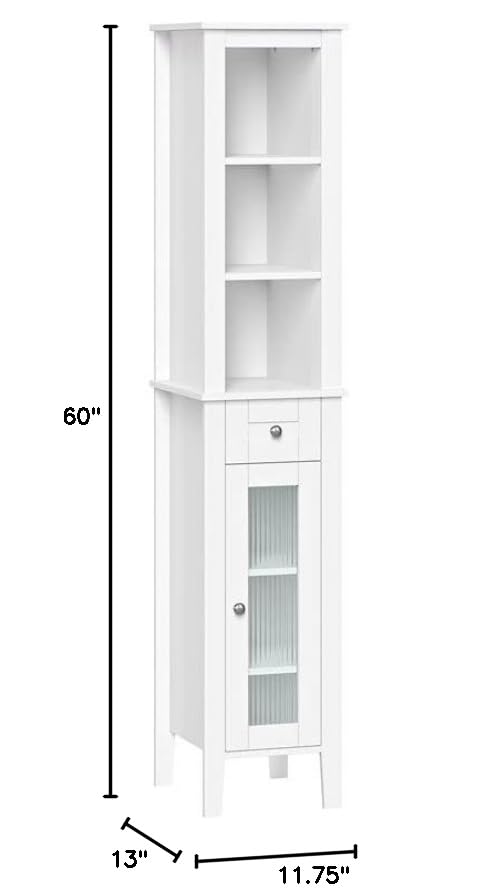 RiverRidge Prescott Tall Bathroom Storage Cabinet with Reeded Soft-Close Glass Door - 3 Open Shelves & Drawer - Slim Narrow Bathroom Vanity Organizer for Towels, Toiletries & Cosmetics - Perfect for Small Bathrooms, Powder Rooms & Apartment Living