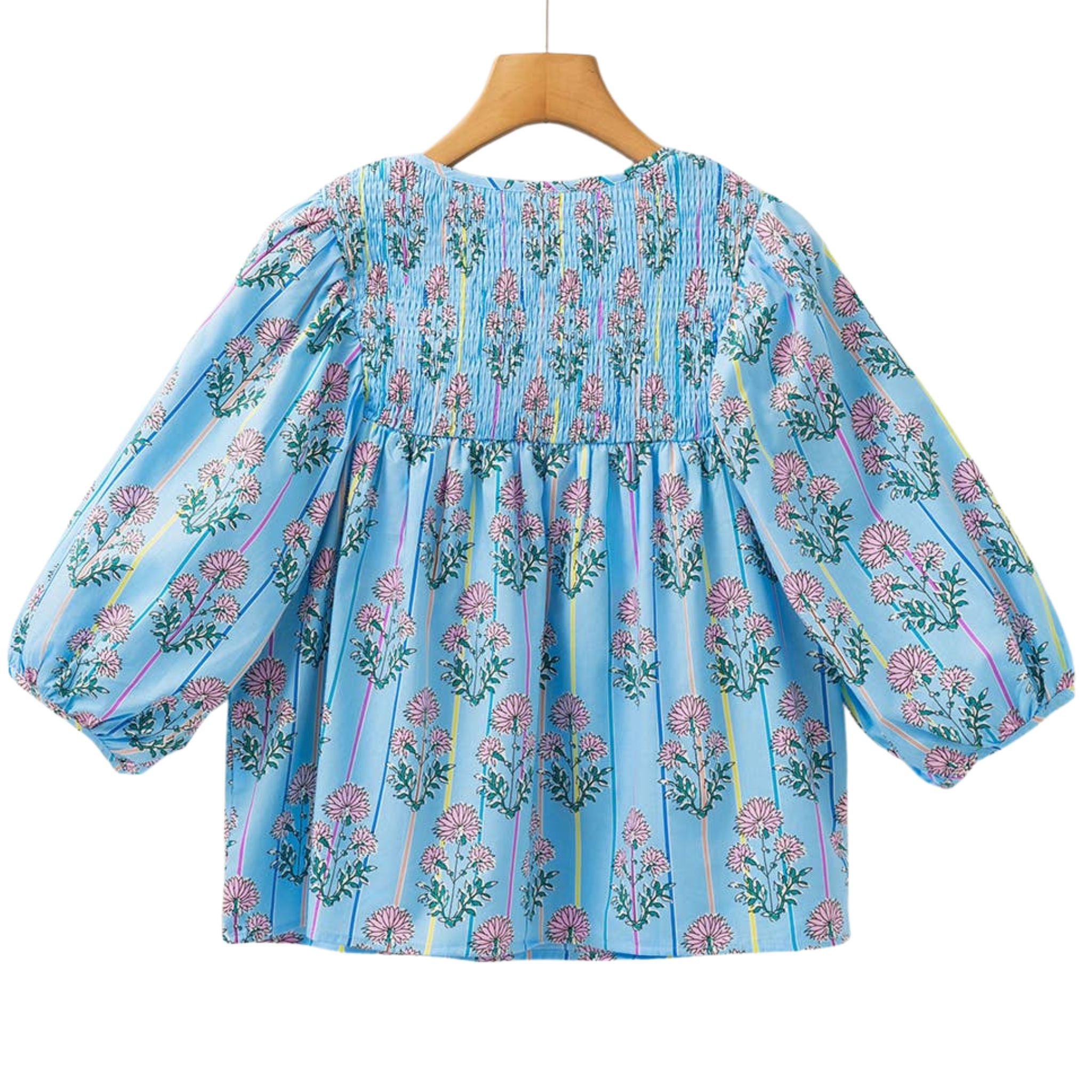 Floral Striped Print Shirred V-Neck Blouse for Women - Stylish Summer Tops for Casual Outings & Office Wear