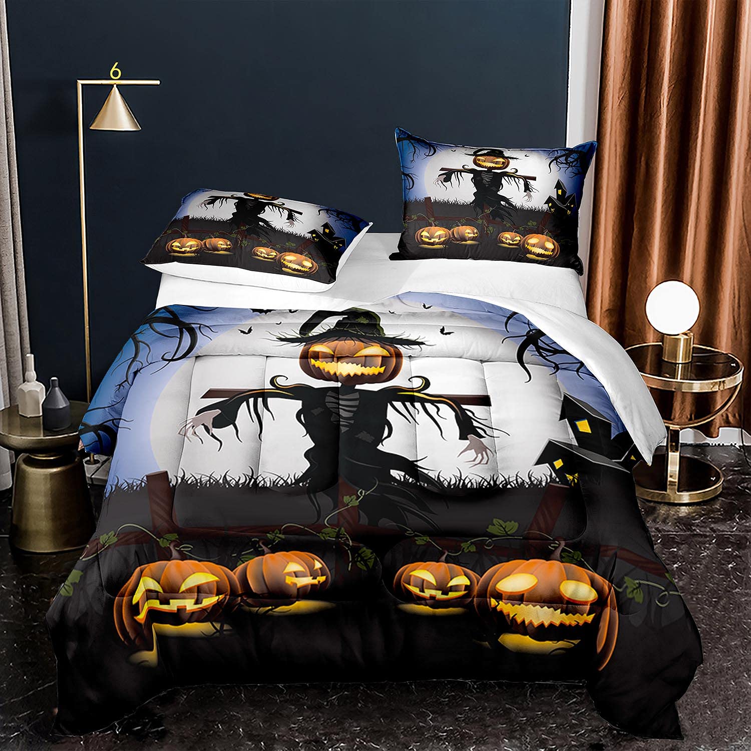 King Size Halloween Comforter Set 3 Piece - Horror Pumpkin Scarecrow Bedding with 1 Comforter + 2 Pillow Shams | Spooky Bedroom Decor for Halloween Party & Haunted House Theme