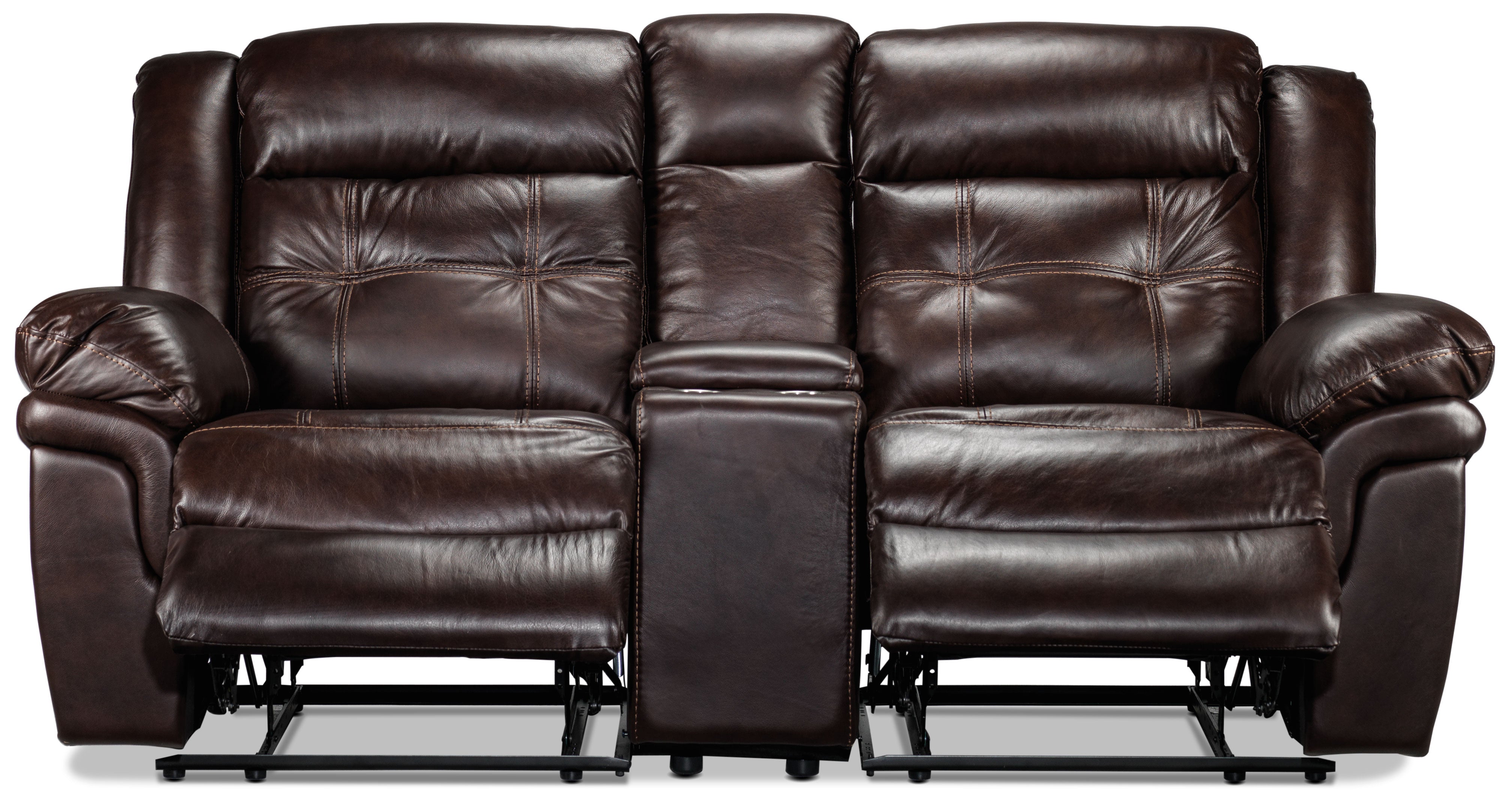 Premium Cooper Leather Reclining Loveseat with Console - Soft Brown Genuine Leather - Modern Living Room Furniture for Small Spaces - Perfect for Couples Movie Nights & Cozy Reading Nook