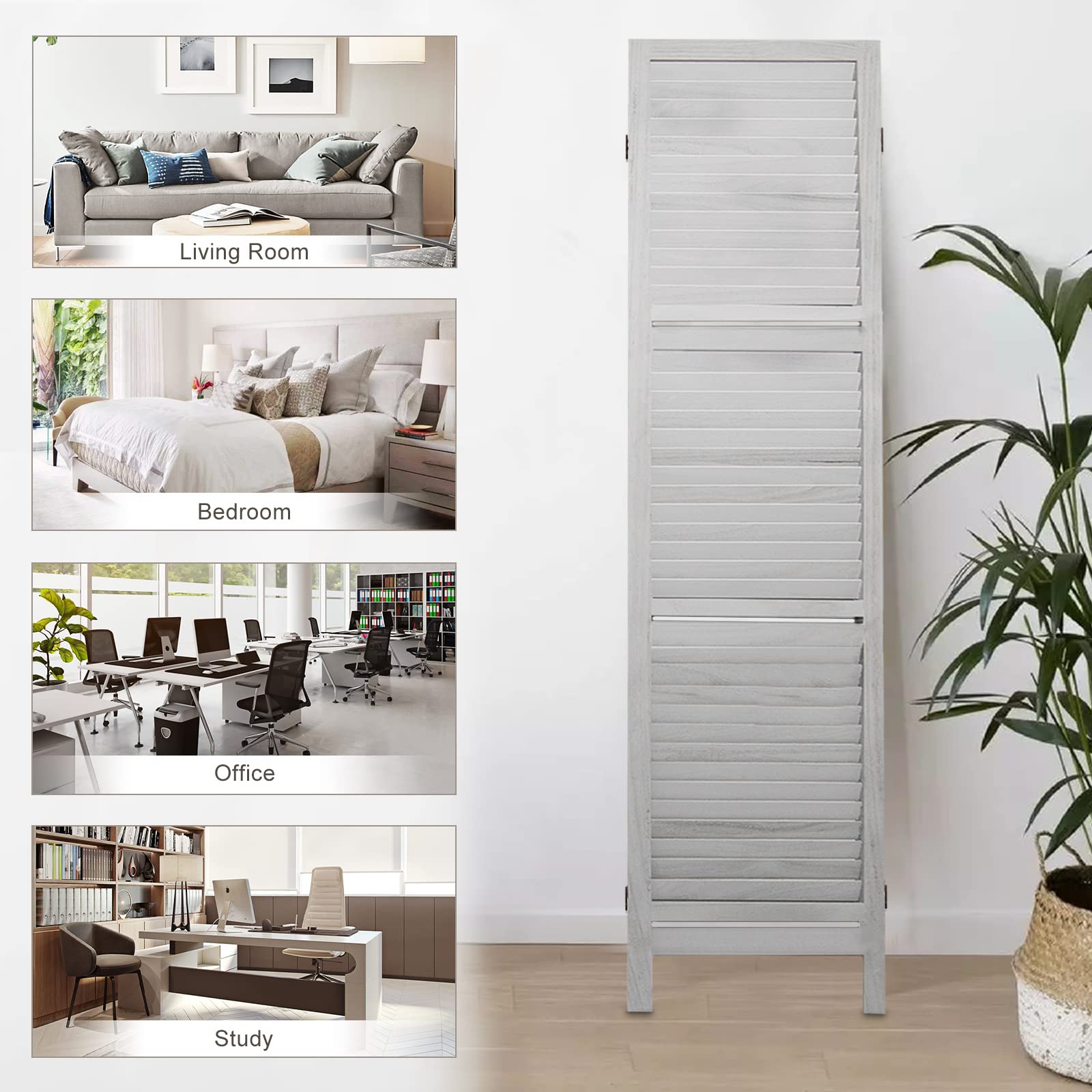 6 Panel Wood Room Divider with Shelves - Foldable Privacy Screen & Temporary Wall Partition - Grey - Perfect for Home Office, Studio Apartment & Room Separation