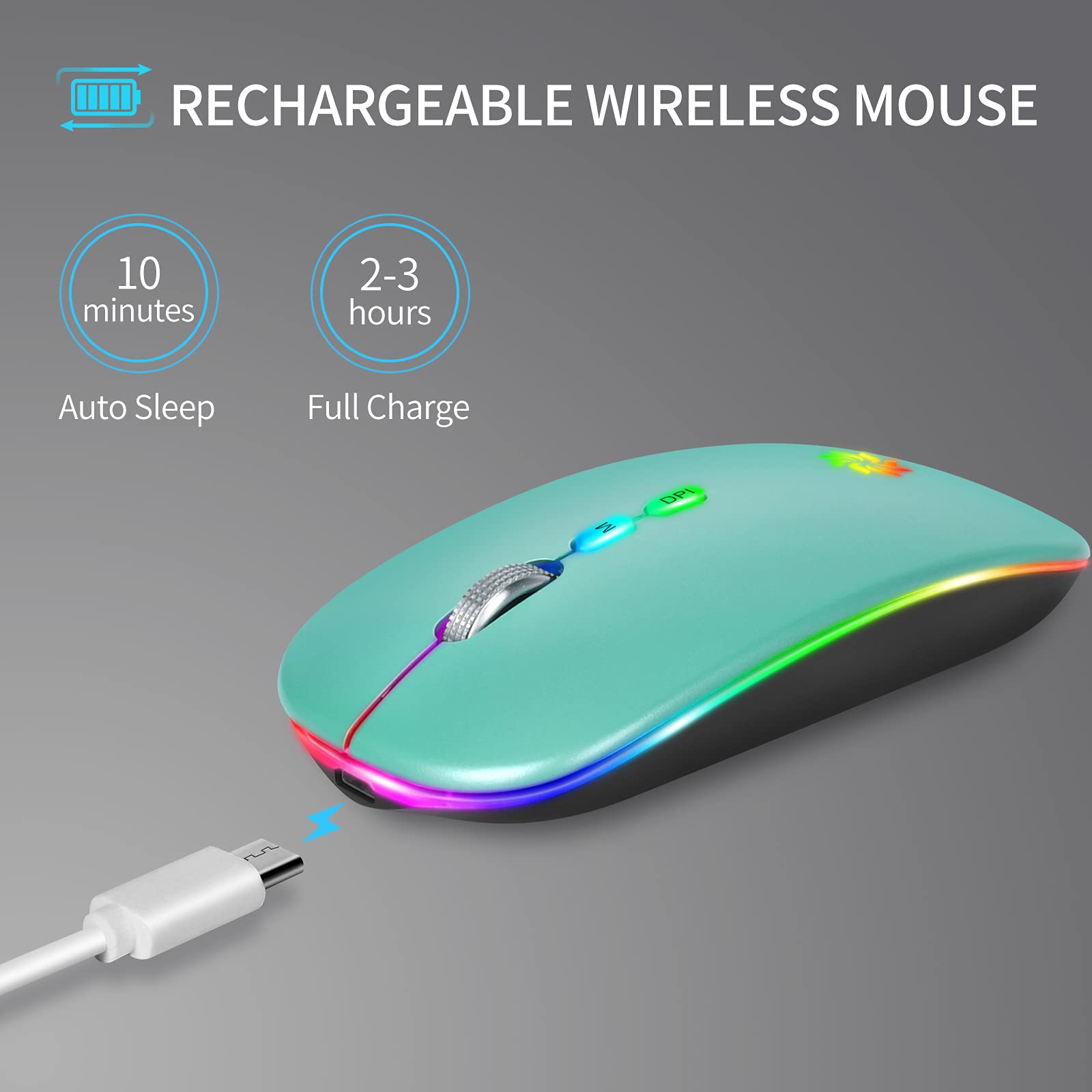 KBCASE Slim Silent Wireless Mouse - 2.4G Rechargeable LED Mouse for Laptop, MacBook, iPad, Chromebook with USB & Type-C Receiver - Perfect for Office, Home, and Travel Use