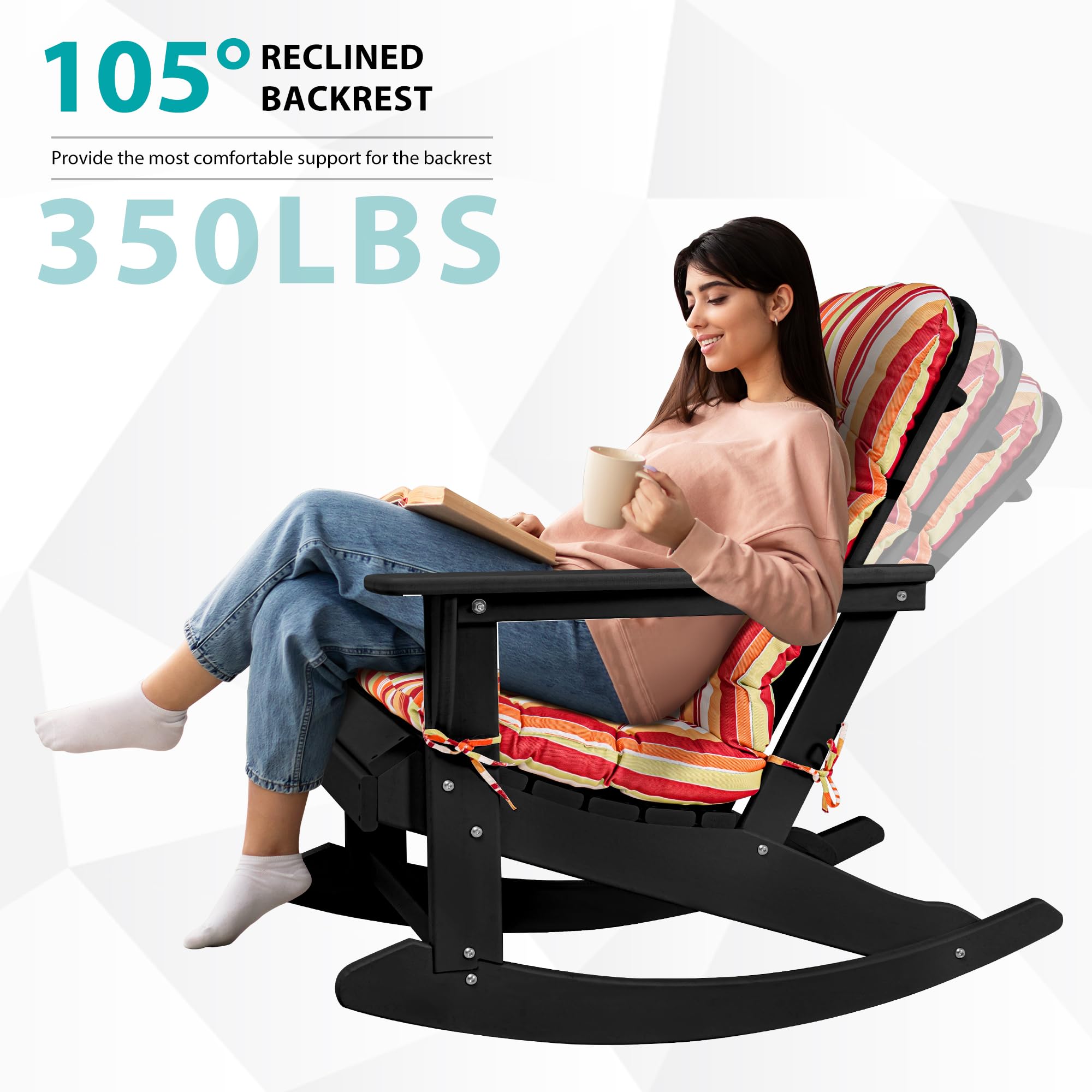 Premium HDPE Plastic Adirondack Rocking Chair with Cushion - All-Weather, Water-Resistant Outdoor Patio Rocker for Garden, Poolside, Backyard & Deck - Black (Perfect for Relaxing, Sunbathing & Entertaining)