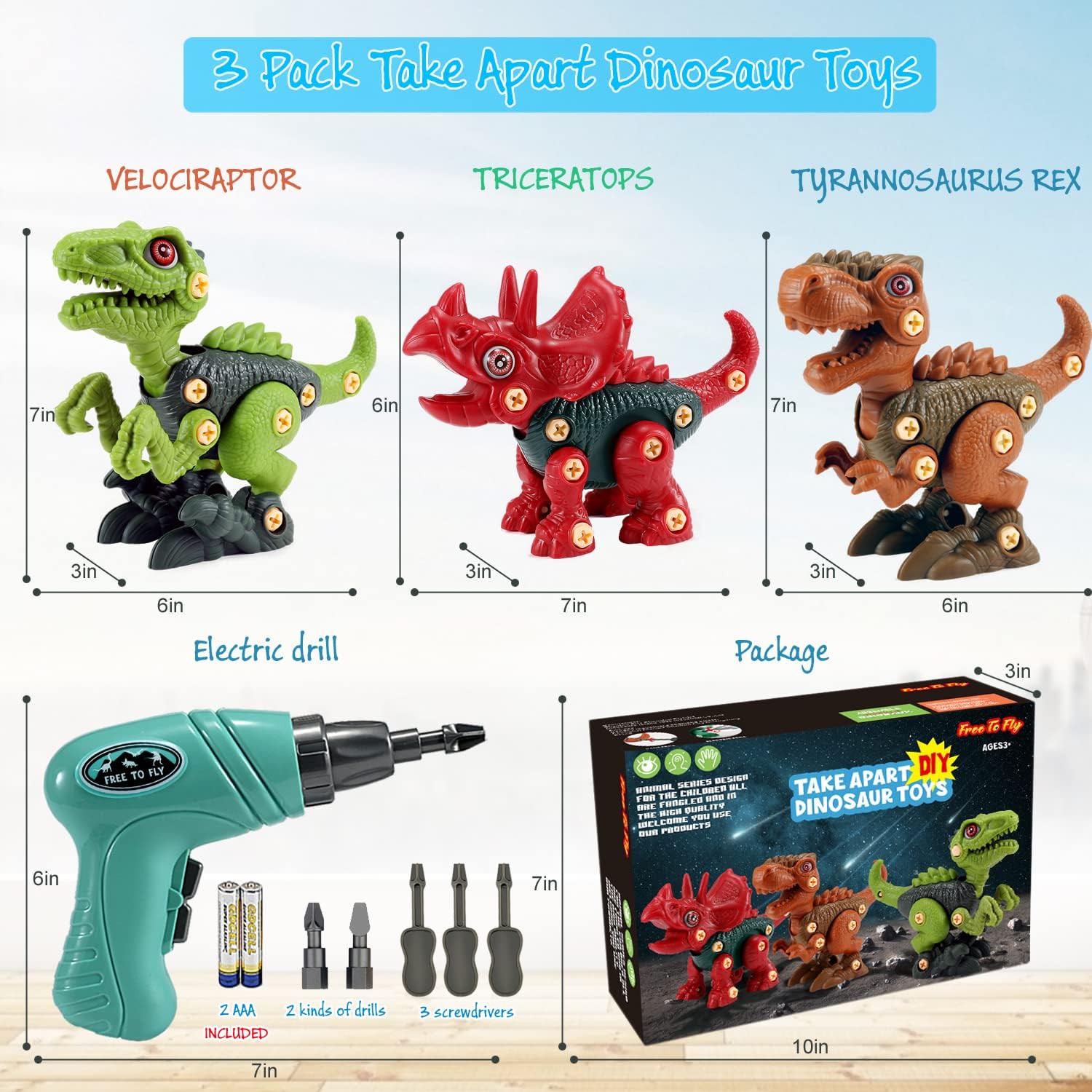 FREE TO FLY Dinosaur Building Toys with Electric Drill - STEM Learning Educational Take Apart Dino Set for Kids Ages 3-8 | Perfect Birthday Gift for Boys & Girls | Fun Pretend Play & Early Childhood Development Activity
