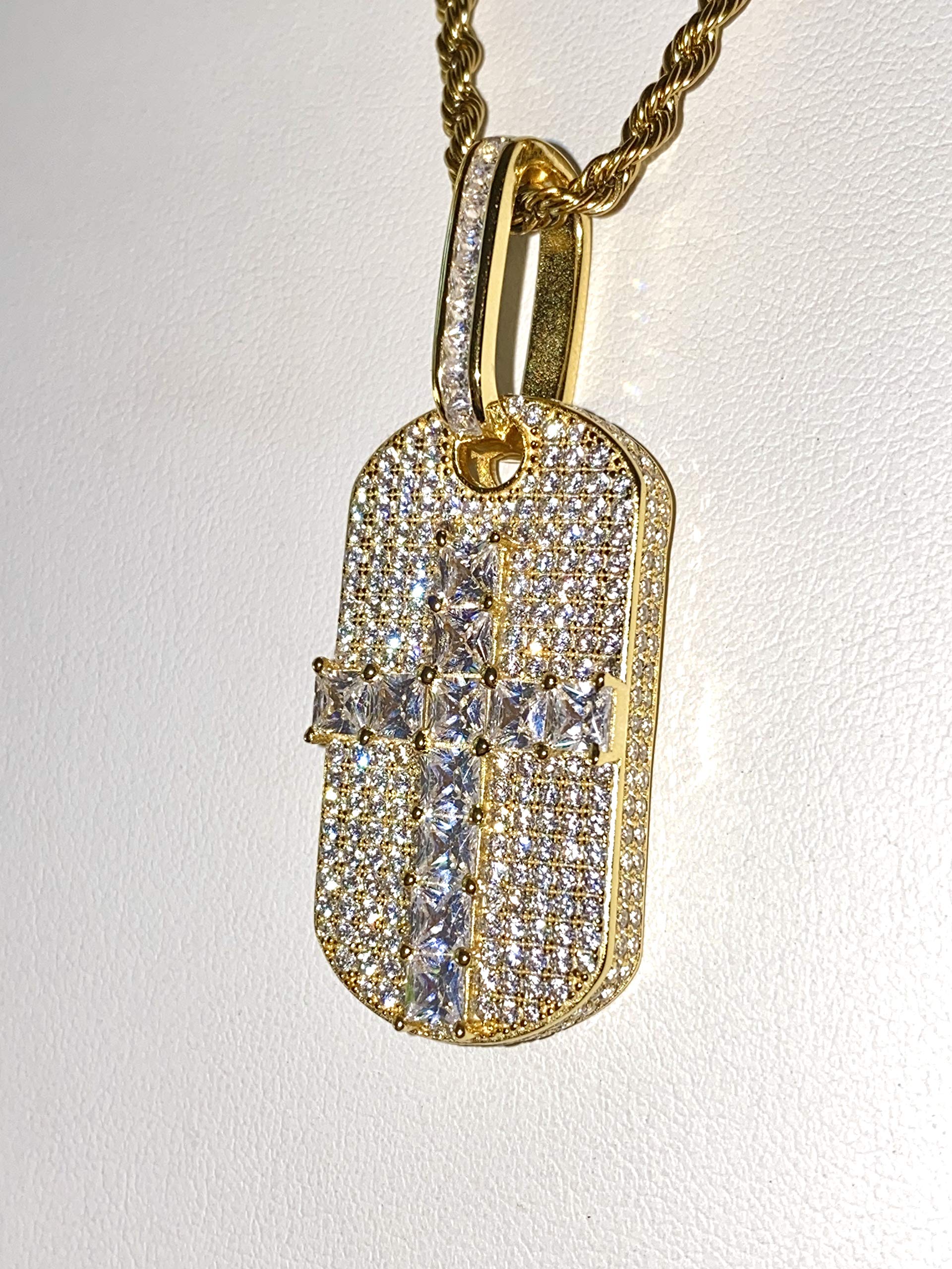 925 Sterling Silver Iced Out Baguette Cross Dog Tag Pendant with 2mm Stainless Steel Rope Chain Necklace (16