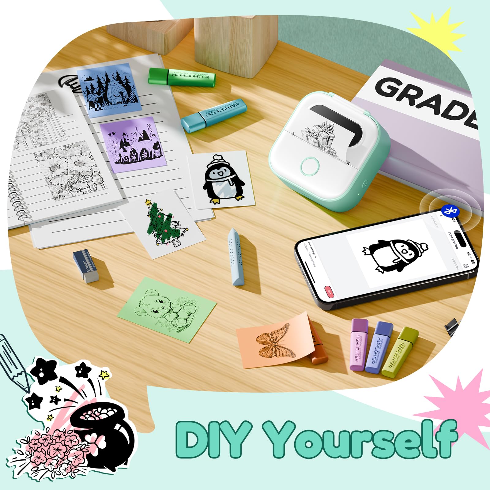 Print Pods Mini Portable Sticker Printer Y02C - Bluetooth Thermal Inkless Printer for iPhone & Android - Print Photos, Notes & Journal Stickers - Perfect for School, Office, Travel & DIY Scrapbooking