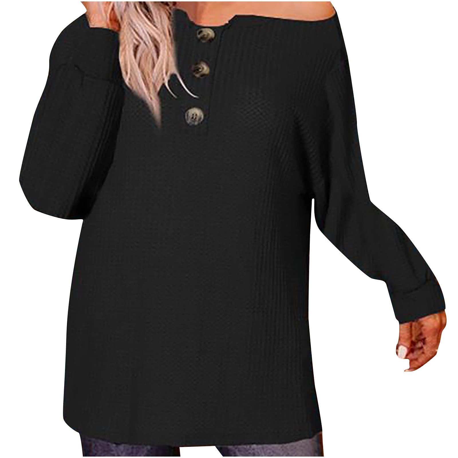 Women's Waffle Knit Off Shoulder Long Sleeve Tunic Top - Casual Button Down Pullover Sweater for Fall & Winter, Perfect for Coffee Dates, Office Wear and Weekend Outings