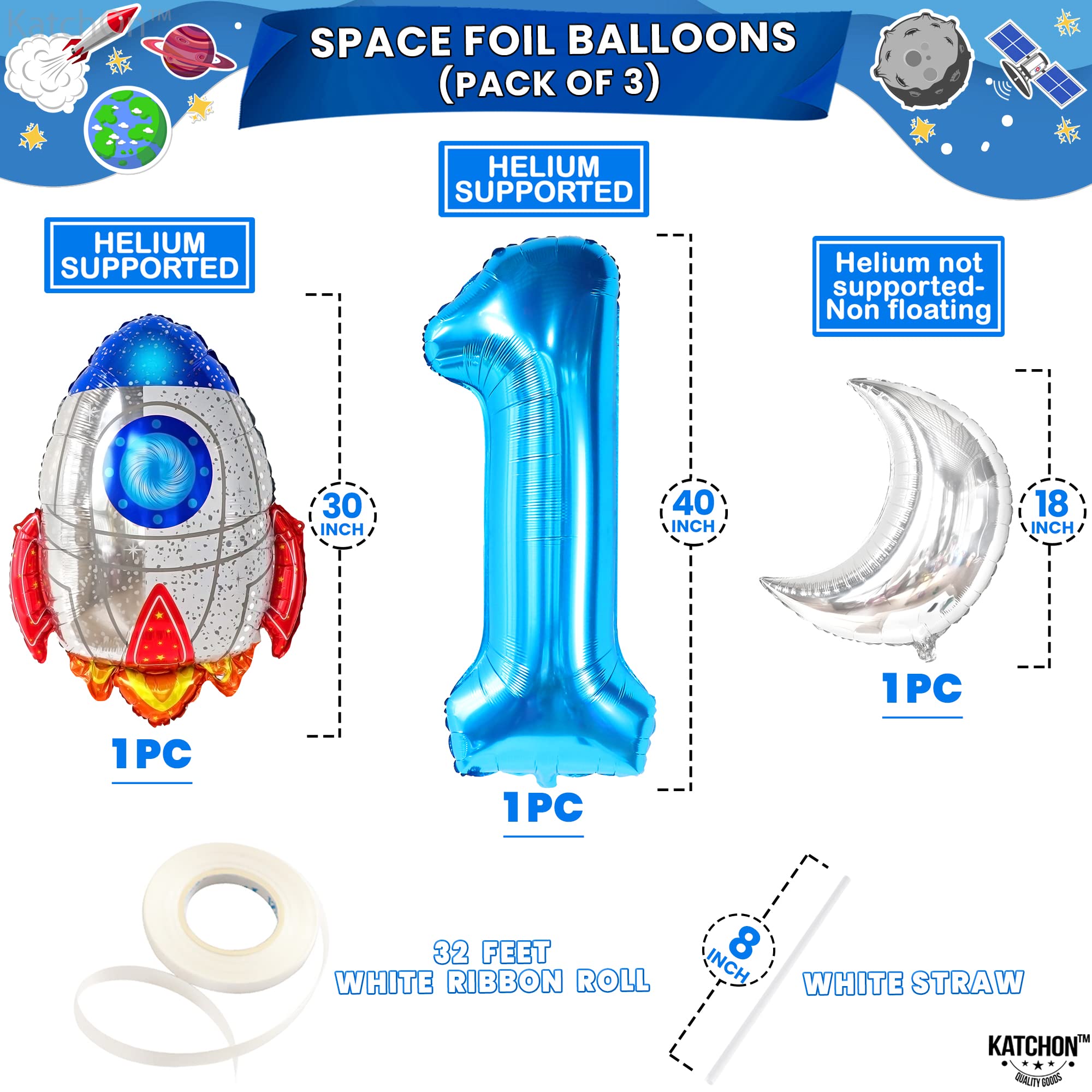 KatchOn 40 Inch Big Space Balloons First Birthday Set - Pack of 8 | Number 1 Balloon Decor for First Trip Around The Sun Theme | Blue Galaxy Party Decorations for Baby's 1st Birthday, Space-Themed Celebrations & Milestone Photos