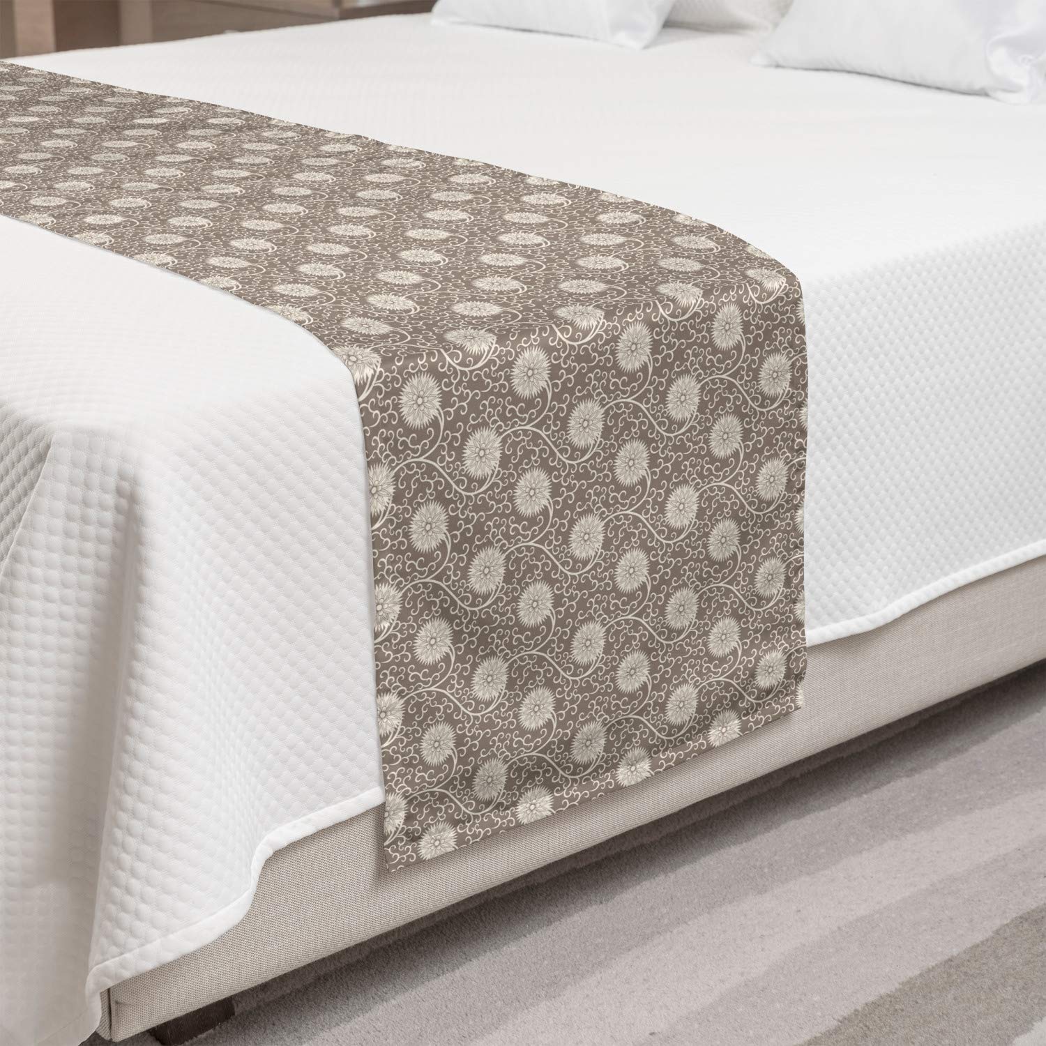 Ambesonne Vintage Floral Vine Bed Runner - Retro Style Small Curls Blossoms Design in Warm Taupe & Ivory | Decorative Bed Scarf for Hotels, Homes & Guest Rooms | Perfect for Master Bedrooms, B&B Decor & Wedding Accents