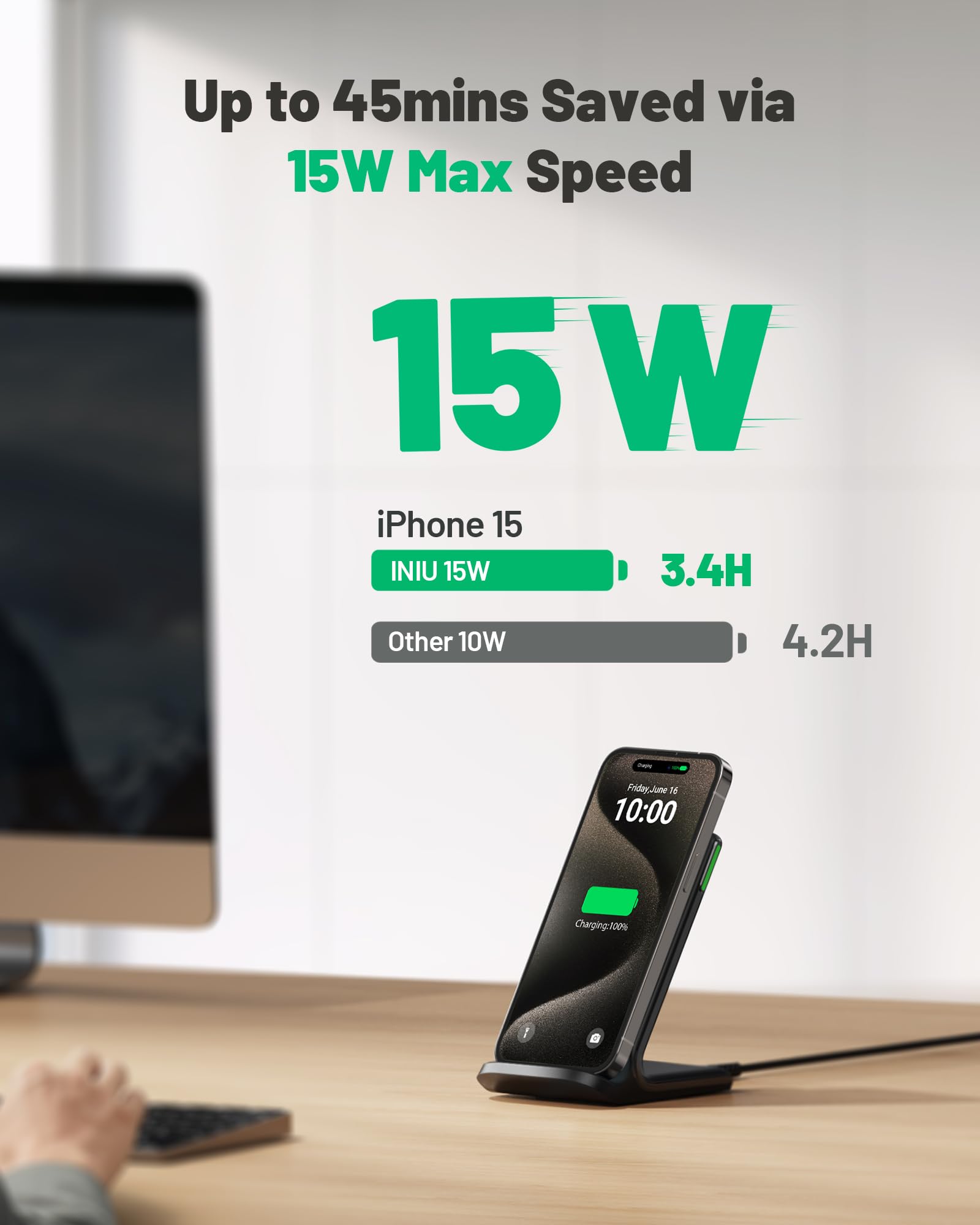 INIU 15W Qi-Certified Fast Wireless Charging Stand [2-Pack] - Sleep-Friendly Adaptive Light, Compatible with iPhone 16/15/14/13/12 Pro Max/Plus & Samsung Galaxy S22/S21/Note 20 - Perfect for Bedside, Office & Car Charging
