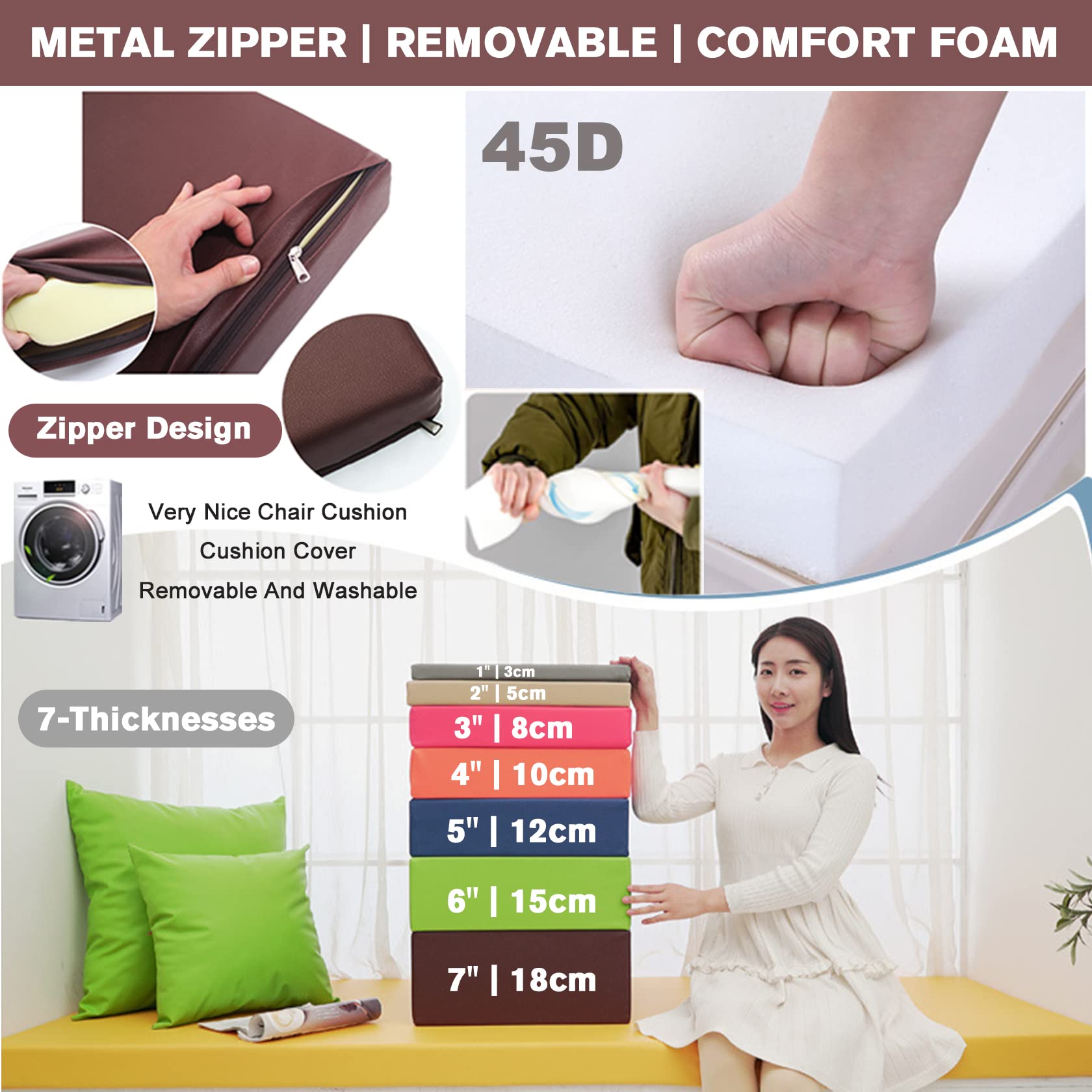 Custom Size Memory Foam Seat Cushion with Removable Waterproof Leather Cover - Indoor Outdoor Patio Furniture Bench Pillow (Brown) - Perfect for Living Room Sofa, Garden Chairs & Office Seating